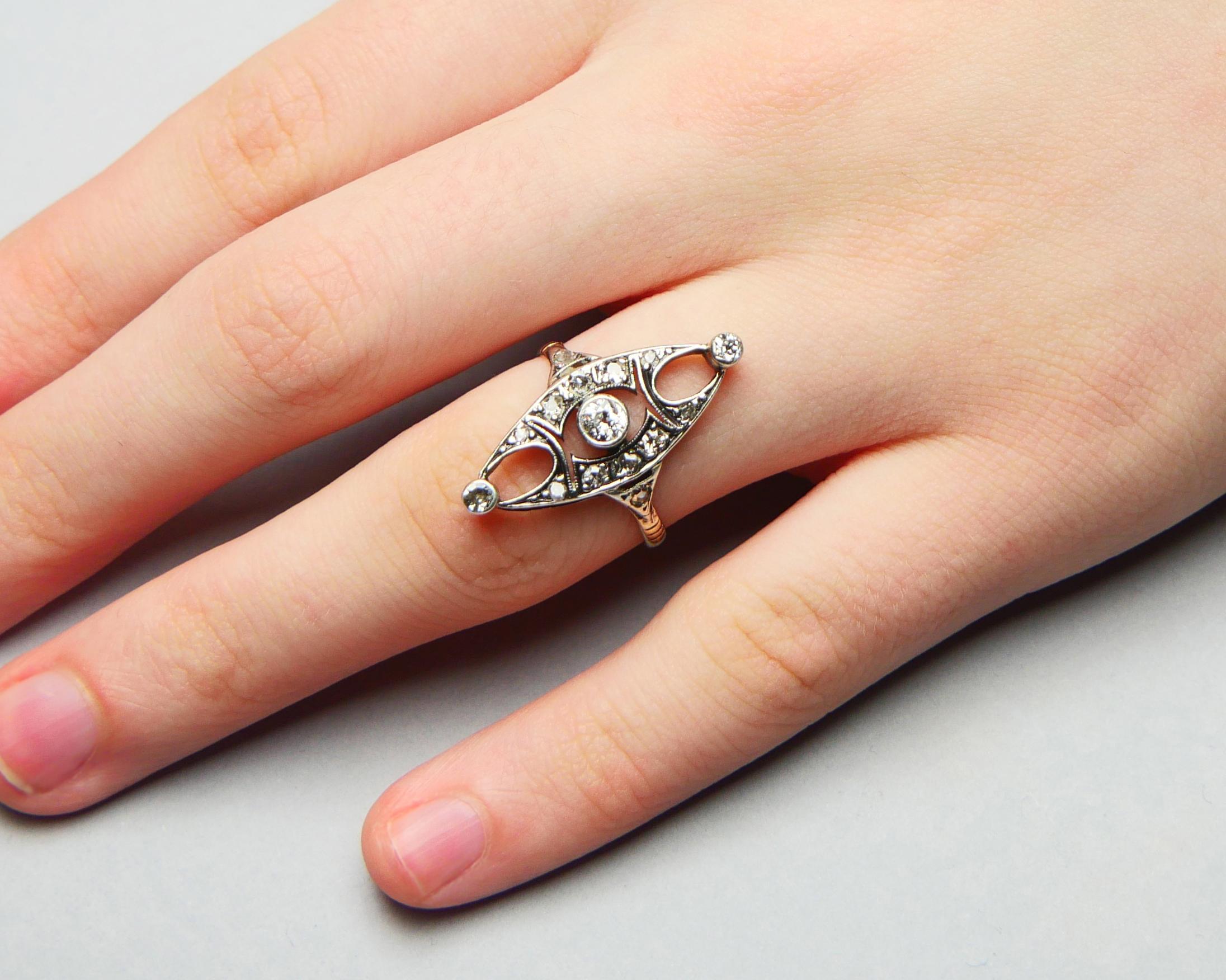 Antique German Ring 0.7ctw Diamonds solid 14K Yellow Gold Silver Ø6.75US/2.55gr 1