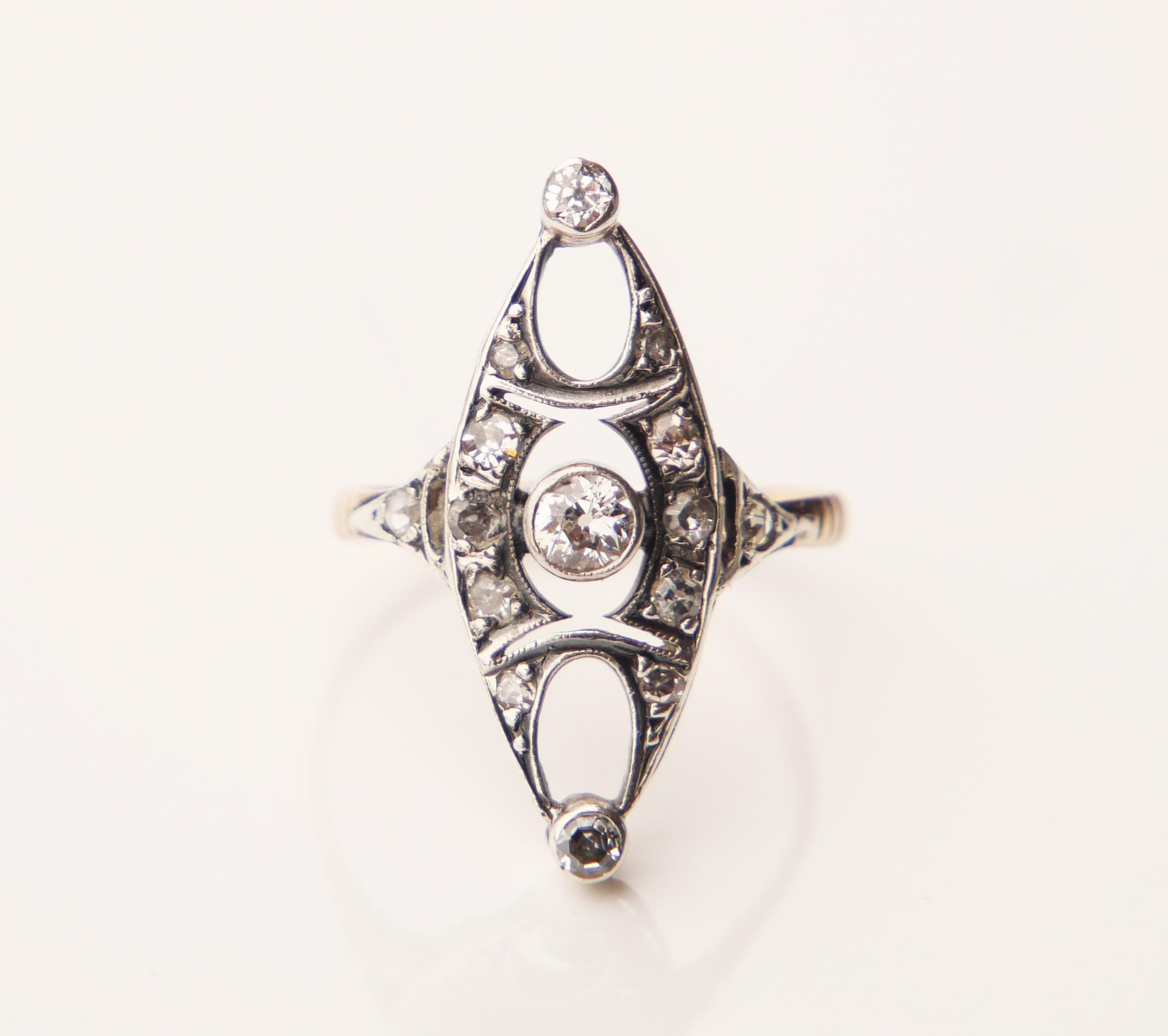 Antique German Ring 0.7ctw Diamonds solid 14K Yellow Gold Silver Ø6.75US/2.55gr For Sale 2