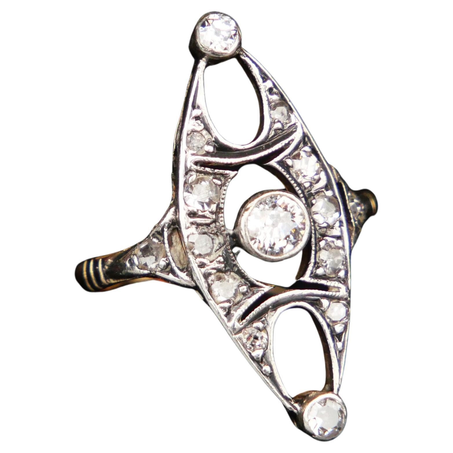 Antiker deutscher Ring 0.7ctw Diamanten massiv 14K Gelbgold Silber Ø6.75US/2.55gr im Angebot