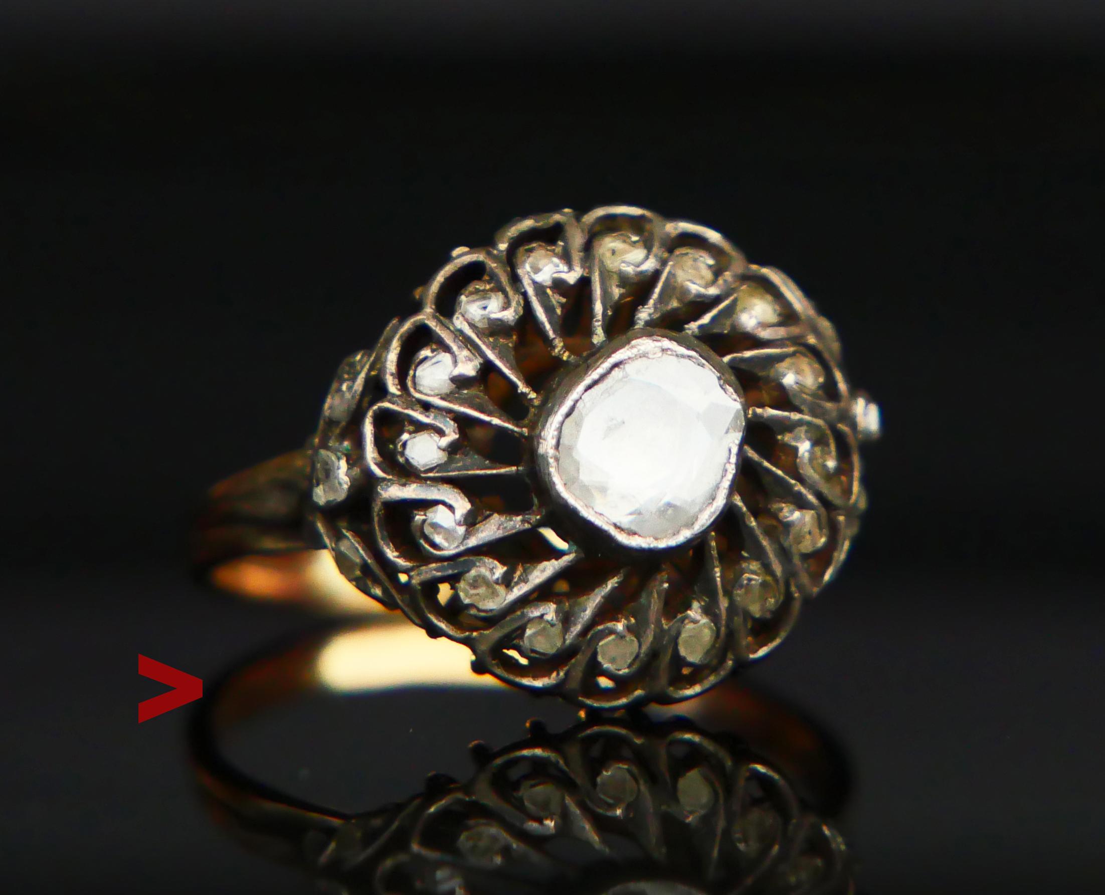 German old cluster Ring hand - made ca. late XIX -early XX cent. with parts in solid 12K Rose Gold with and top of the openwork crown in Silver.
Openwork floret/crown is a bit convex shaped for better fit and measures 16mm x 14.75mm x 8.25mm deep.