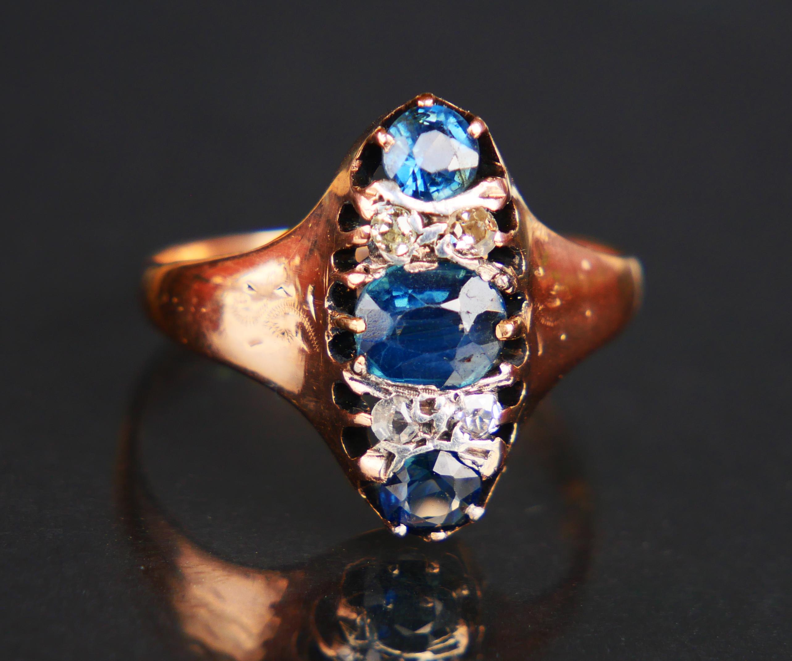 Art nouveau Antiquities German Ring 1ctw. natural Sapphire Diamonds solid 14K Rose Gold ØUS7/3g en vente