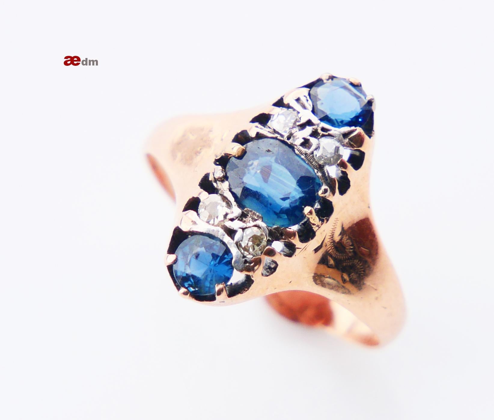 Taille vieille Europe Antiquities German Ring 1ctw. natural Sapphire Diamonds solid 14K Rose Gold ØUS7/3g en vente