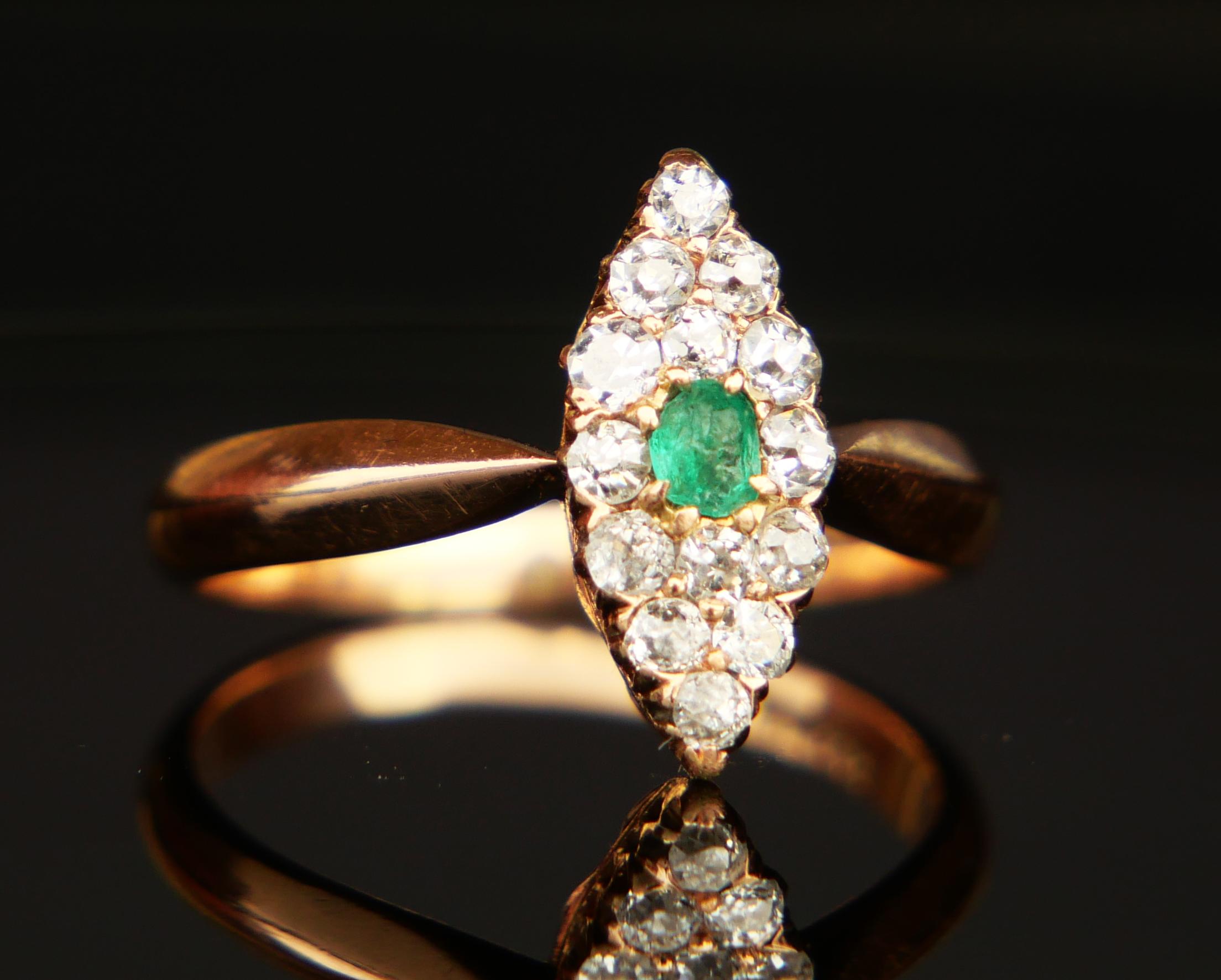 Art Deco Antique German Ring Emerald Diamond solid 14K Yellow Gold Ø 6.75US / 3gr For Sale