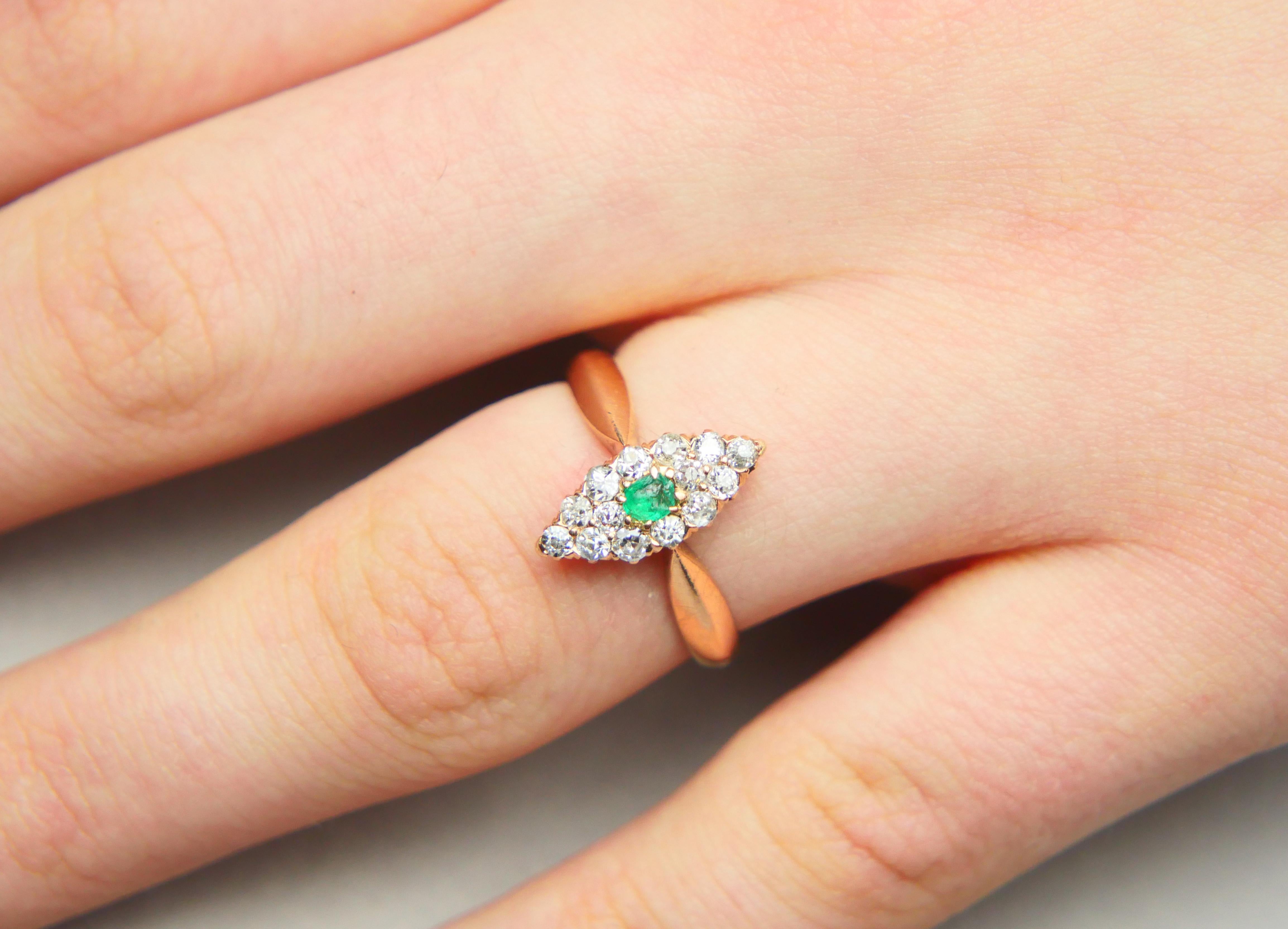 Antiker Deutscher Ring Smaragd Diamant massiv 14K Gelbgold Ø 6.75US / 3gr Damen im Angebot