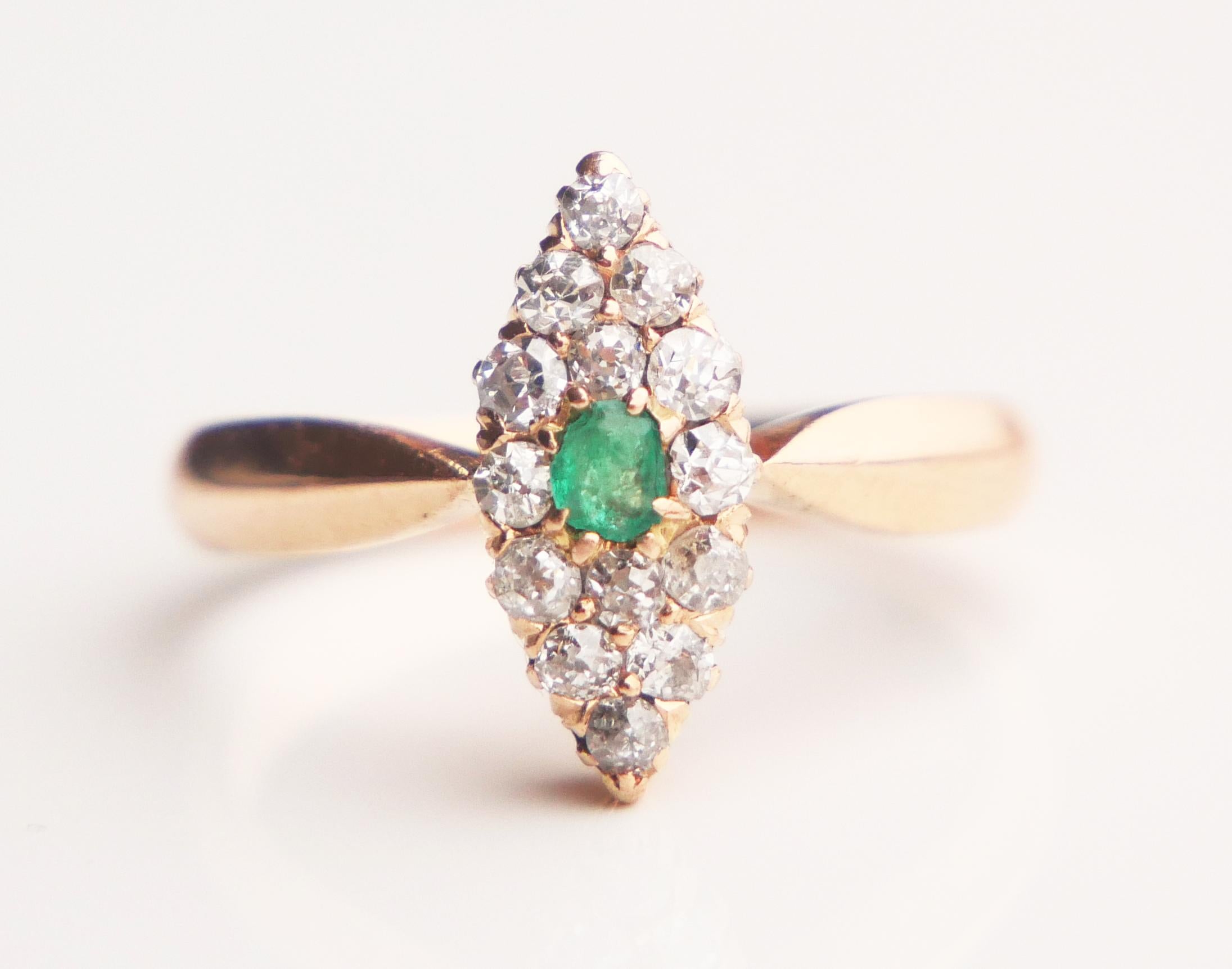 Antique German Ring Emerald Diamond solid 14K Yellow Gold Ø 6.75US / 3gr For Sale 2