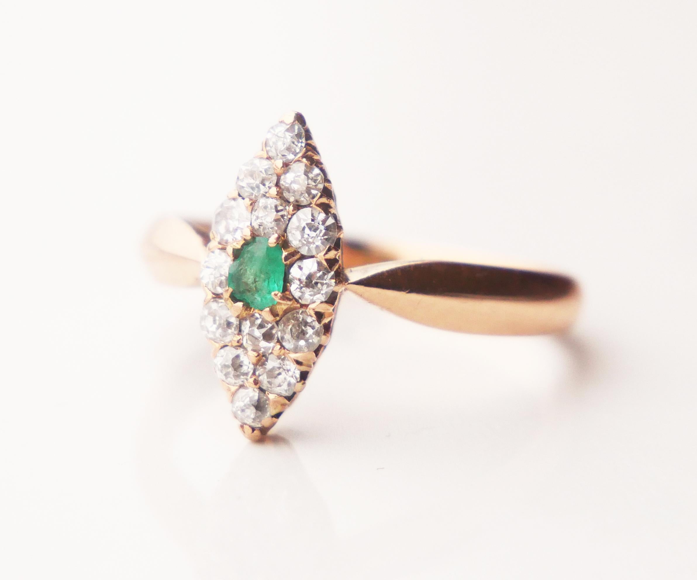 Antique German Ring Emerald Diamond solid 14K Yellow Gold Ø 6.75US / 3gr For Sale 3