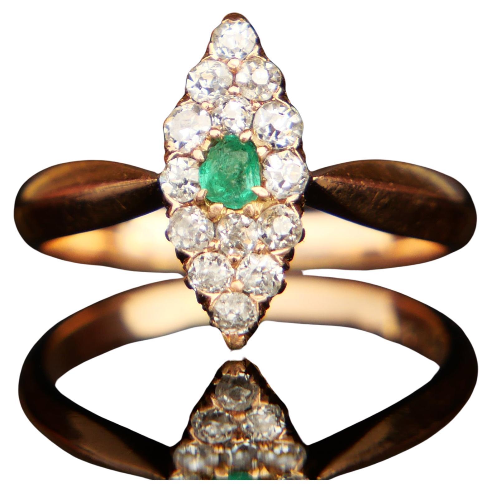 Antique German Ring Emerald Diamond solid 14K Yellow Gold Ø 6.75US / 3gr For Sale