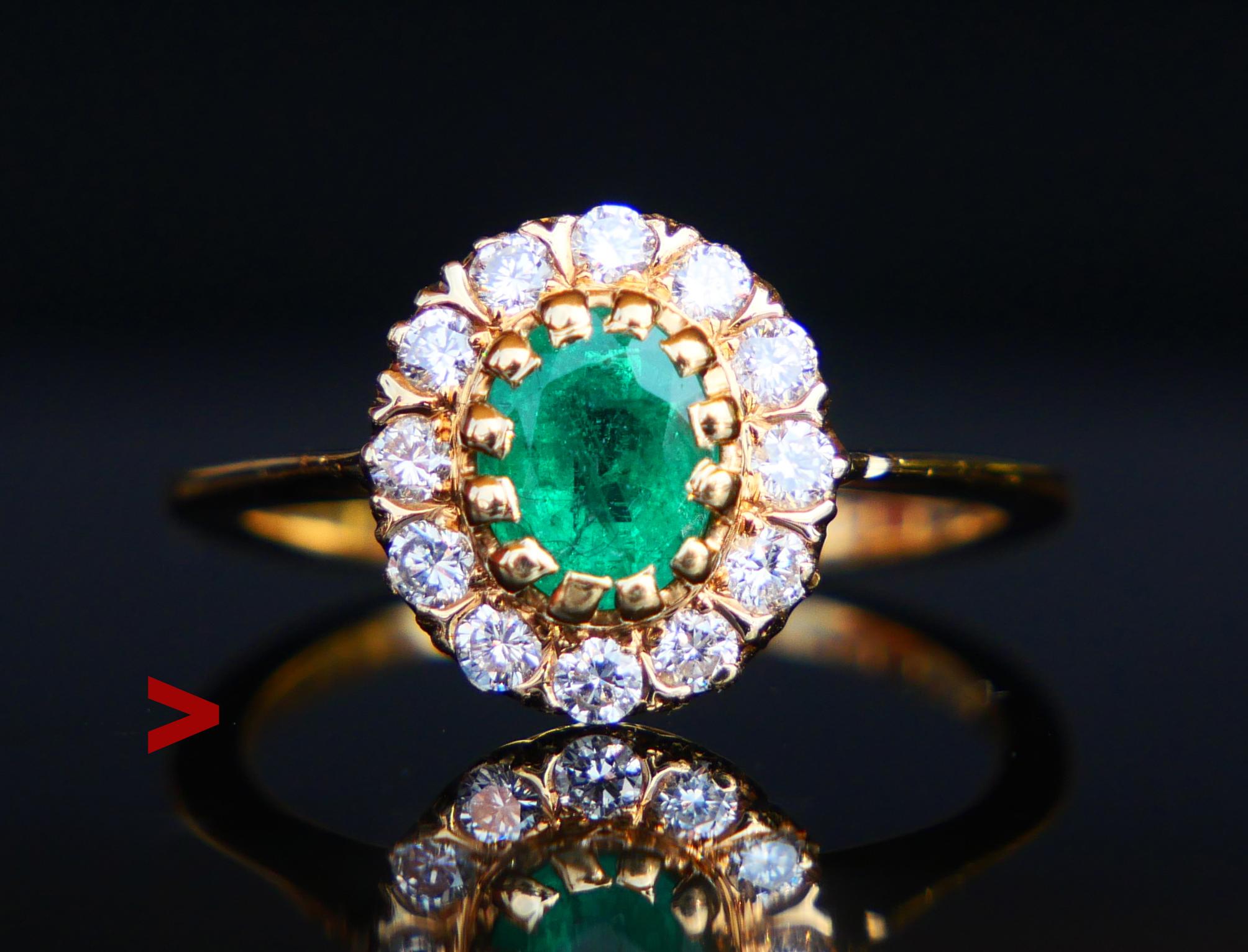 German Halo Ring featuring natural oval diamond cut Emerald 6 mm x 5 mm x 3.85 mm deep / ca. 0.85 ct with natural internal flaws and inclusions, color is vivid Green.

Emerald is accented with 12 equally sized old diamond cut Diamonds Ø 1.5 mm /