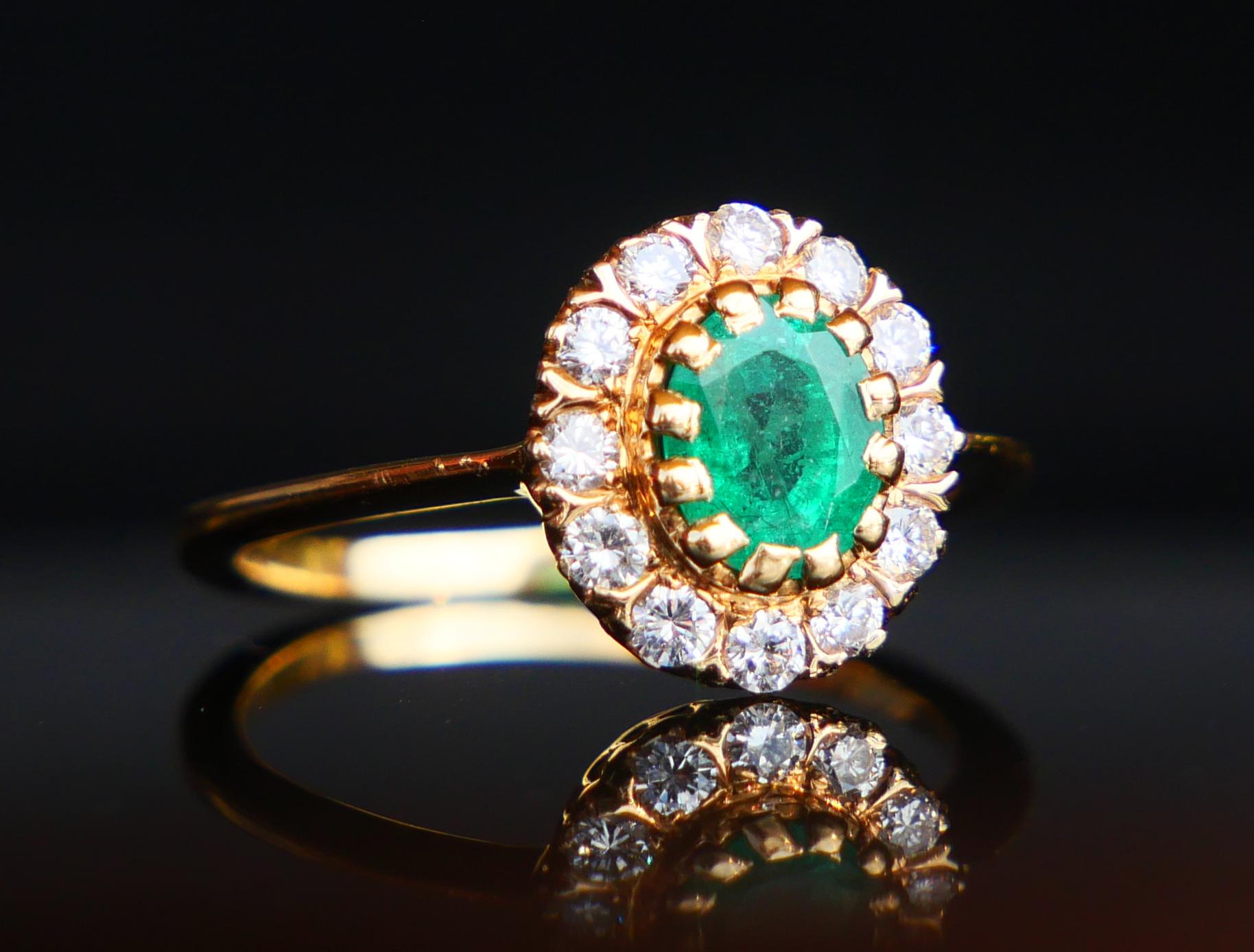 Retro Antique German Ring 0.85 Emerald Diamonds solid 18K Yellow Gold Ø US4.5 / 2.65gr