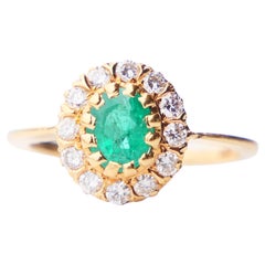 Antique German Ring 0.85 Emerald Diamonds solid 18K Yellow Gold Ø US4.5 / 2.65gr