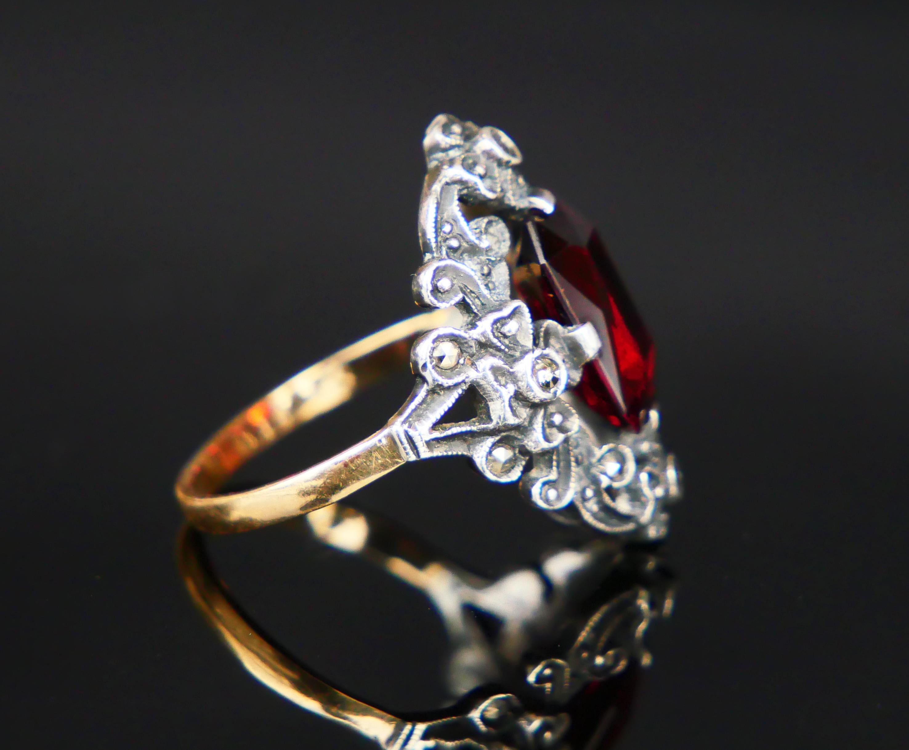 Emerald Cut Antique German Ring Garnet solid 18K Gold Silver Ø 5.25 US/ 3.9 gr For Sale