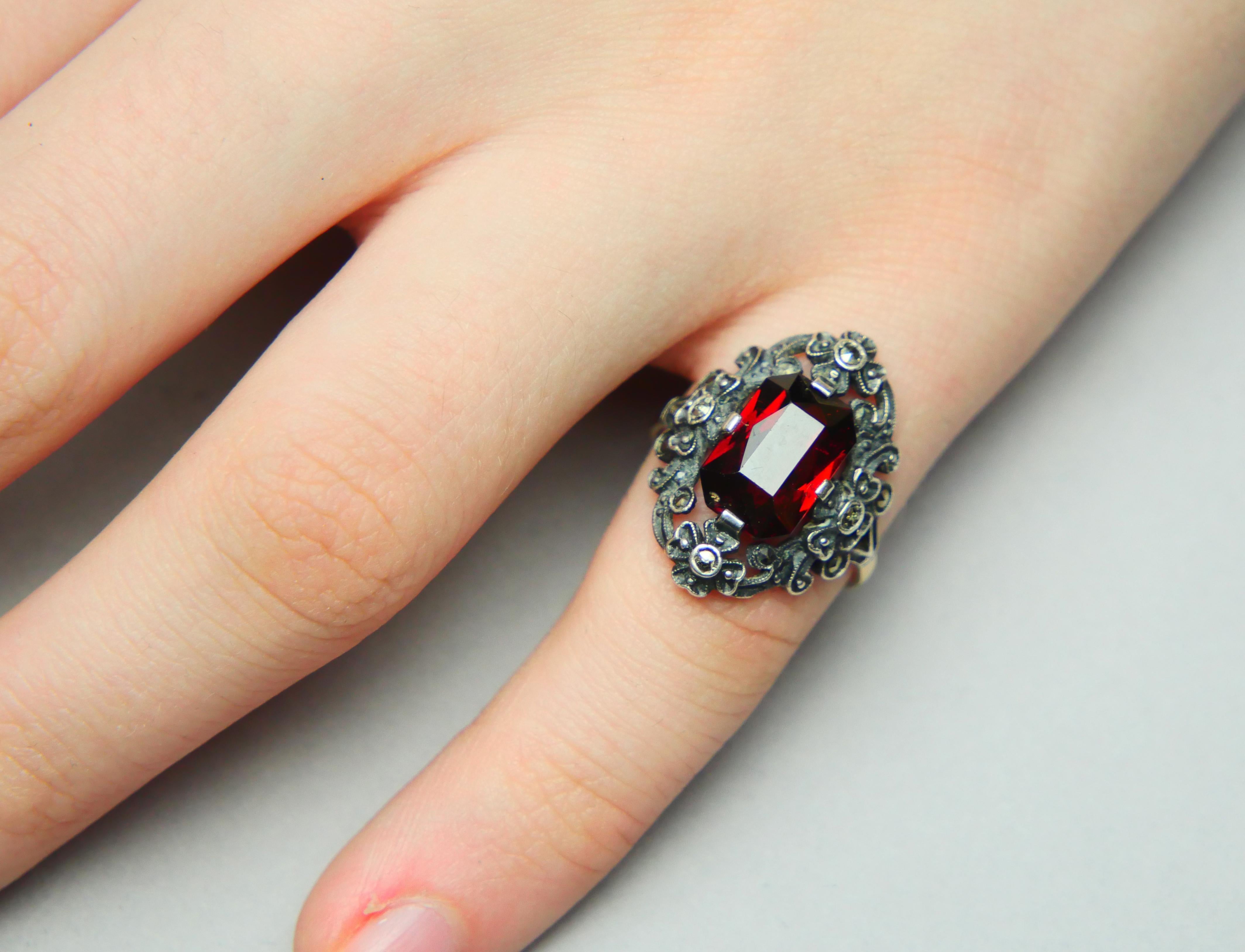Antique German Ring Garnet solid 18K Gold Silver Ø 5.25 US/ 3.9 gr For Sale 2