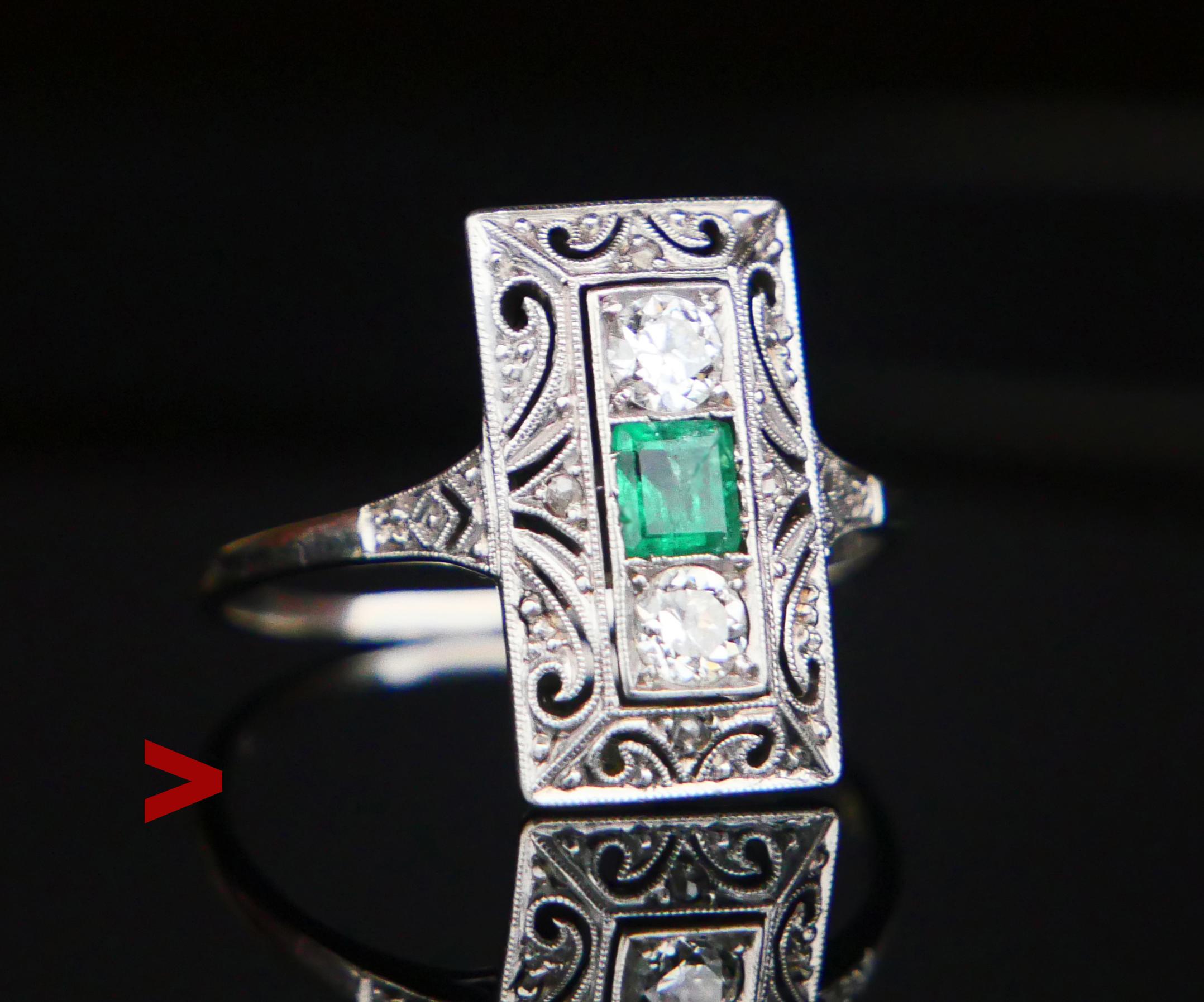  A German ring, Art- Deco period ca. 1920s - 1930s, hallmarked  18K . Metal is solid 18K White Gold.

Openwork crown 15.5mm x 8.7mm x 4.5mm deep with natural princess cut Emerald 3.25mm x 3.25mm x 2.6mm deep / ca.0.35ct + two old European diamond