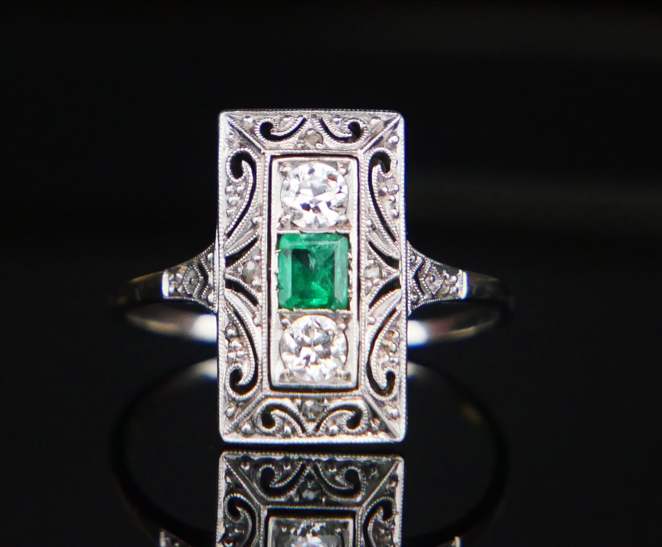 Art Deco Antique German Ring natural 0.35ct Emerald 0.3ct Diamond solid 18K ØUS7.75/2.4gr For Sale