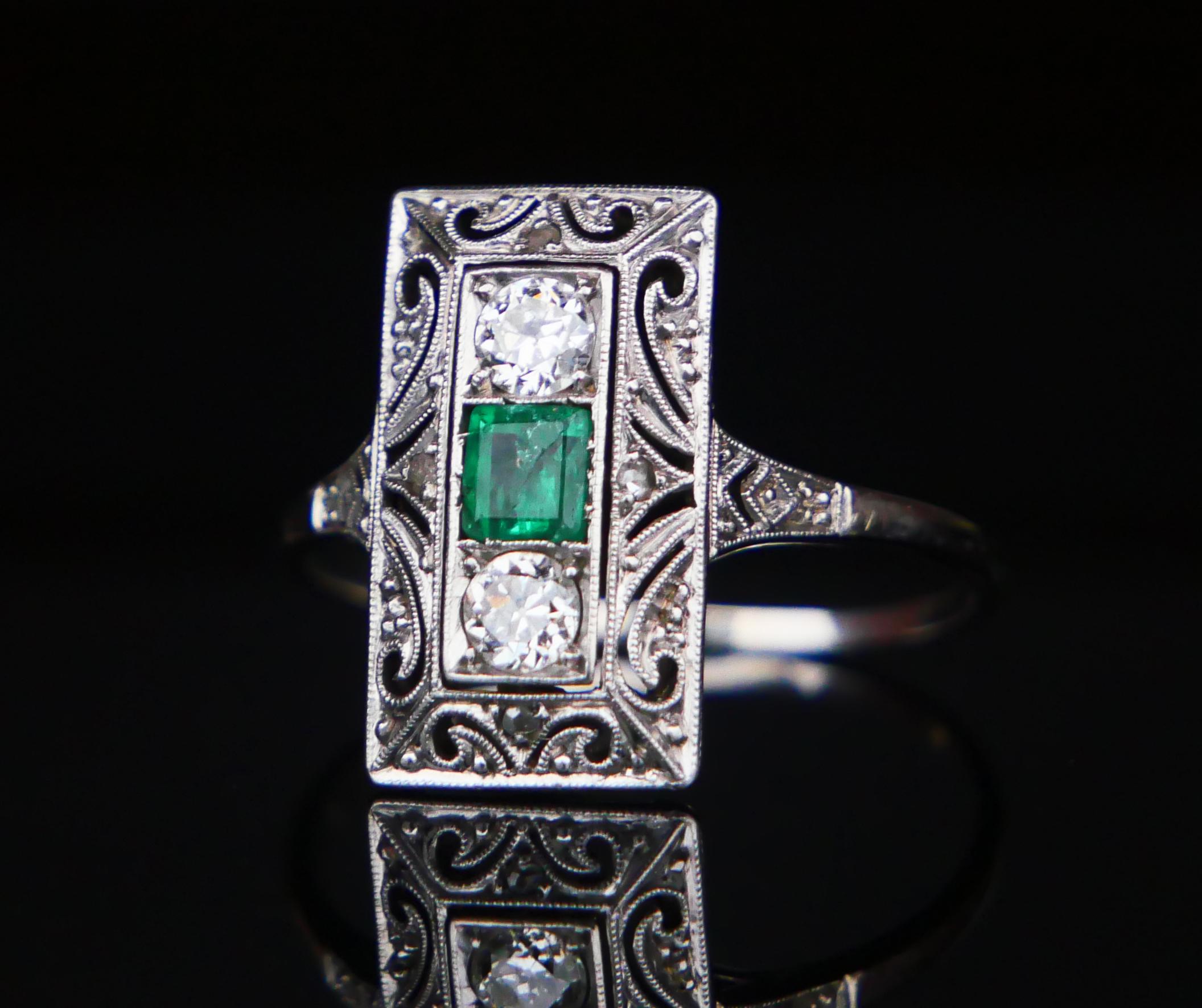 Women's Antique German Ring natural 0.35ct Emerald 0.3ct Diamond solid 18K ØUS7.75/2.4gr For Sale