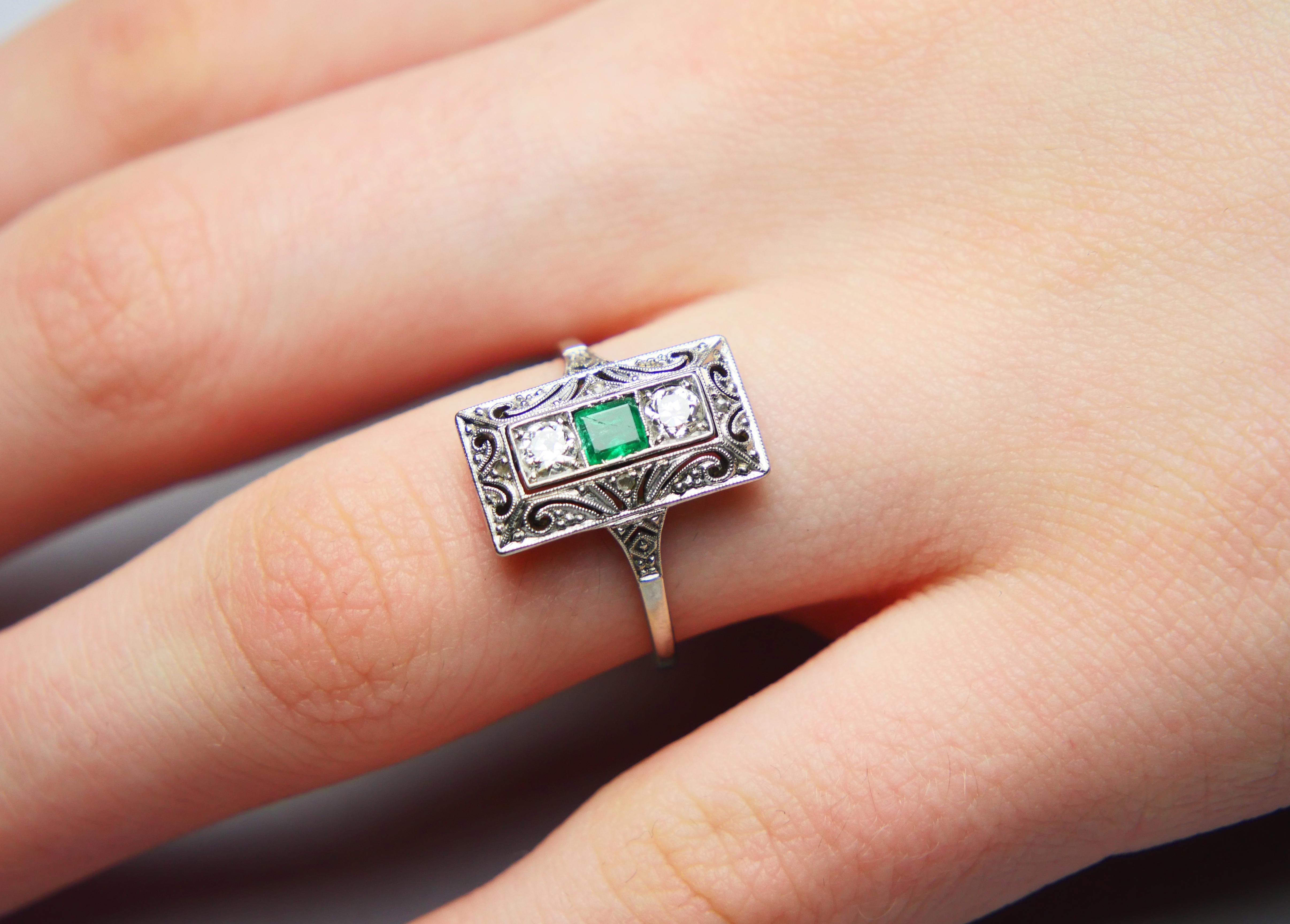 Antique German Ring natural 0.35ct Emerald 0.3ct Diamond solid 18K ØUS7.75/2.4gr For Sale 2
