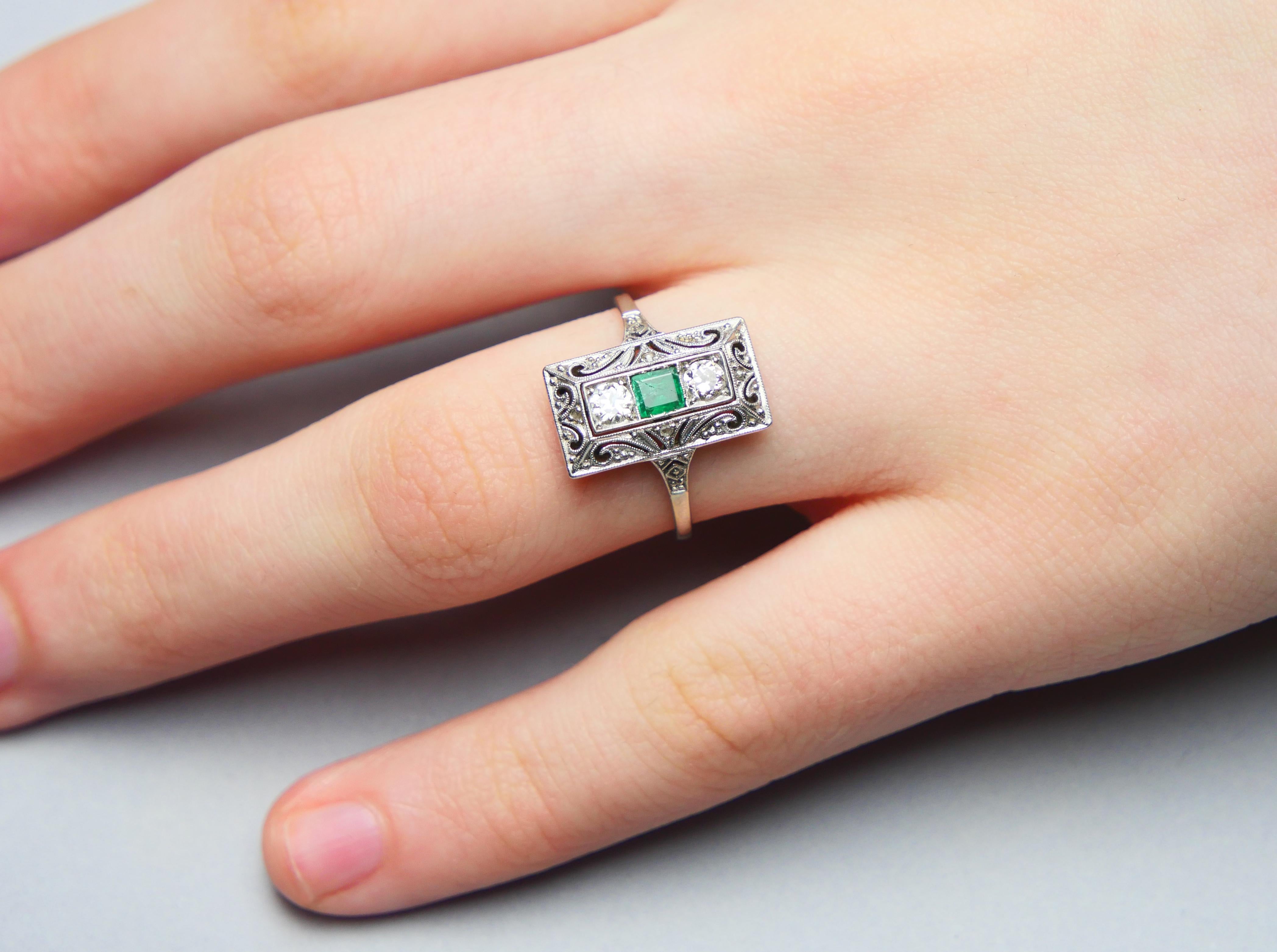 Antique German Ring natural 0.35ct Emerald 0.3ct Diamond solid 18K ØUS7.75/2.4gr For Sale 3