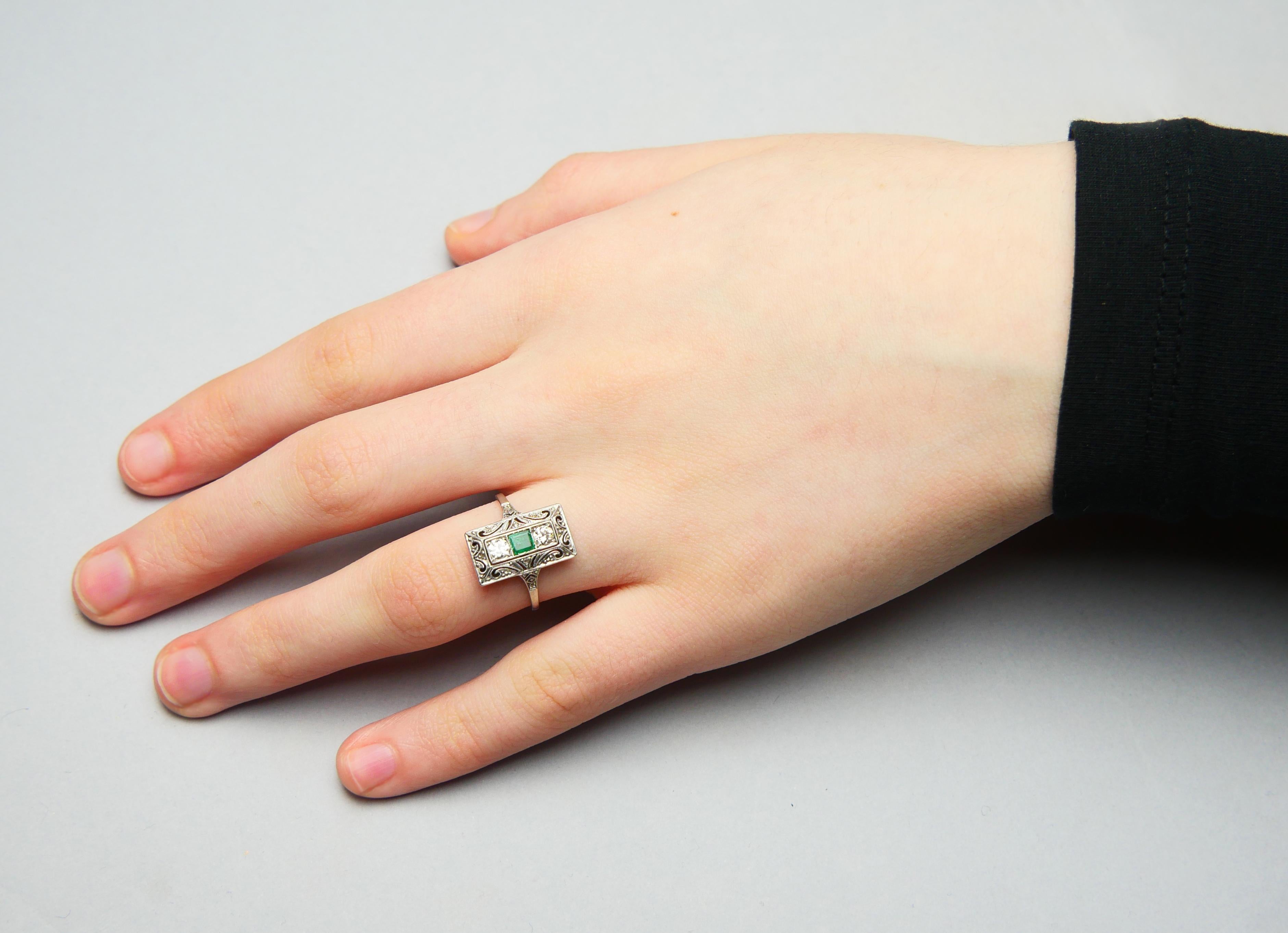 Antique German Ring natural 0.35ct Emerald 0.3ct Diamond solid 18K ØUS7.75/2.4gr For Sale 4