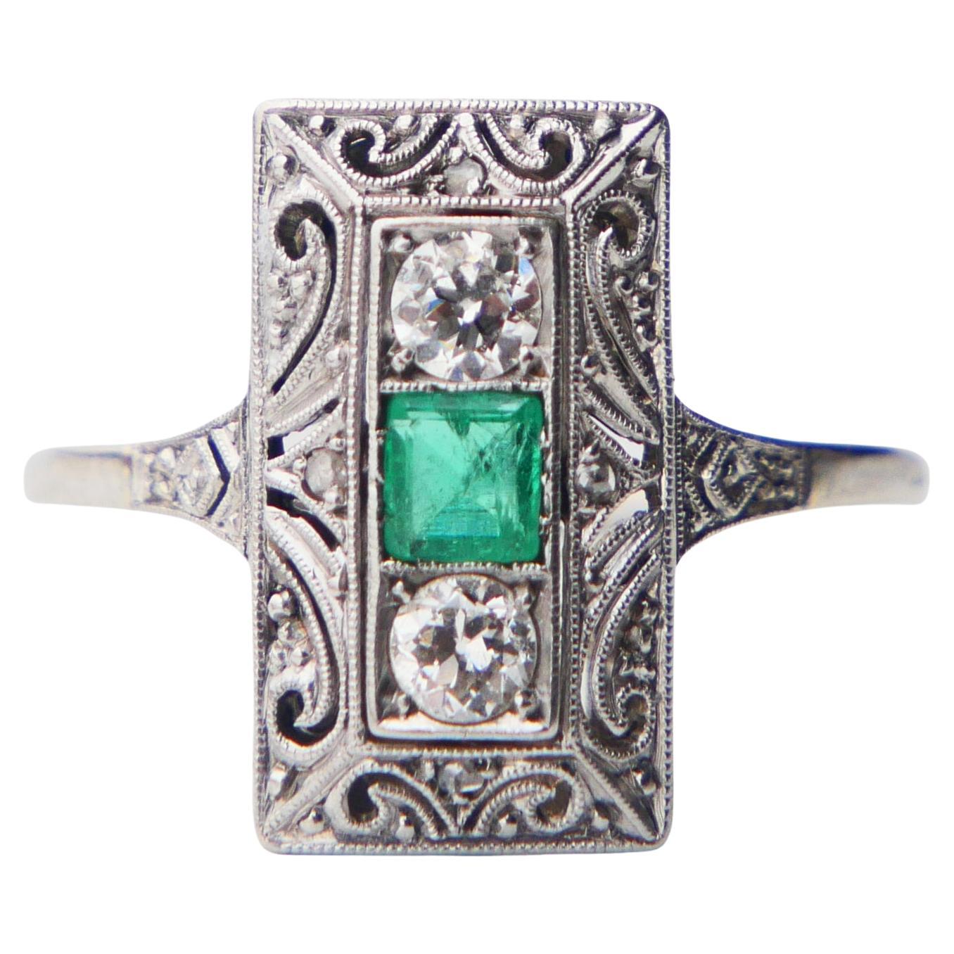 Antique German Ring natural 0.35ct Emerald 0.3ct Diamond solid 18K ØUS7.75/2.4gr