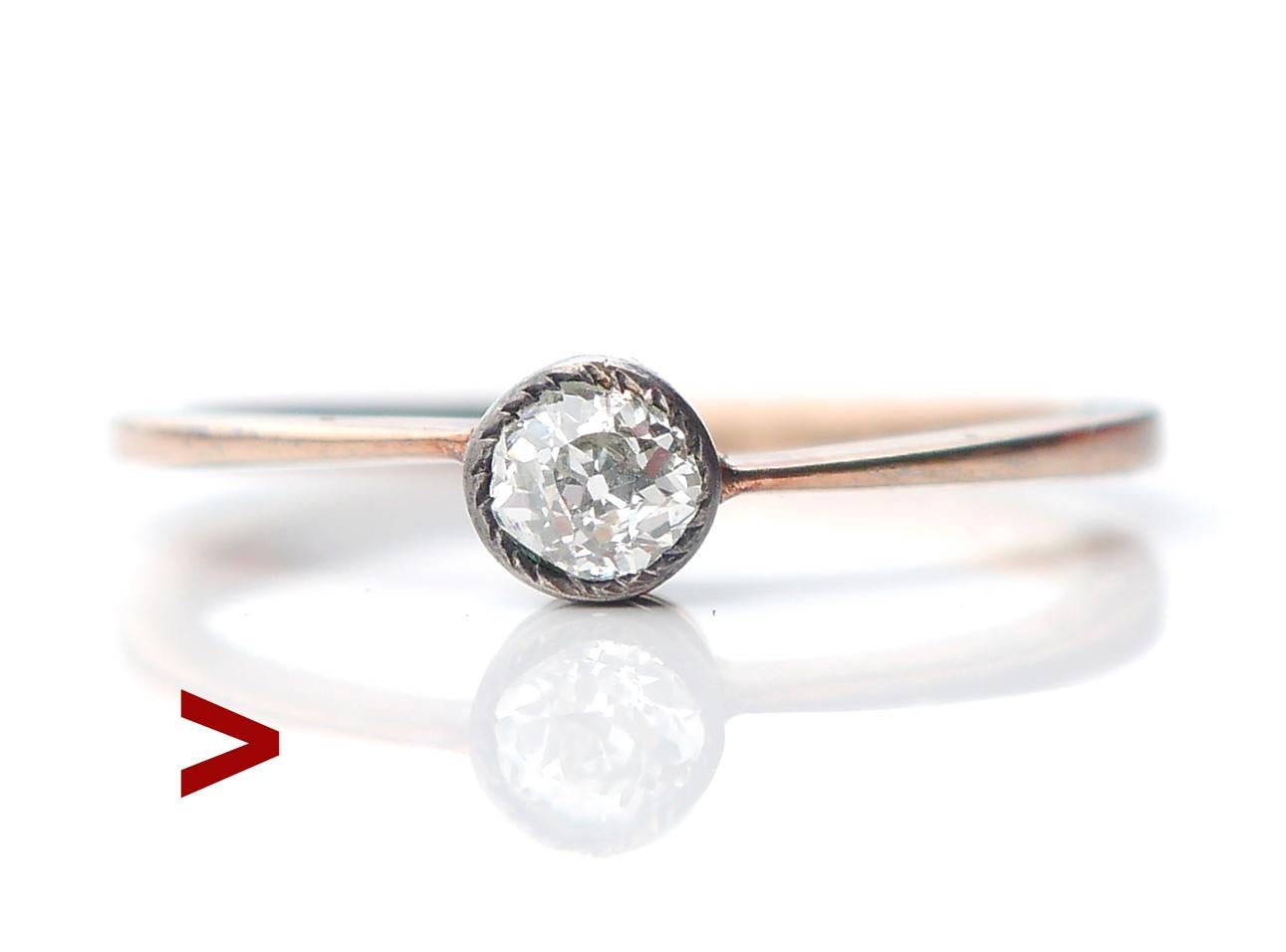 Anneau allemand  fait à la main vers le début du XXe siècle, avec un anneau tourbillonnant en or rose 14 carats massif (testé) et un sommet de la couronne en argent contenant un chaton serti de diamants anciens Ø 4,25 mm x 2,4 mm de profondeur /