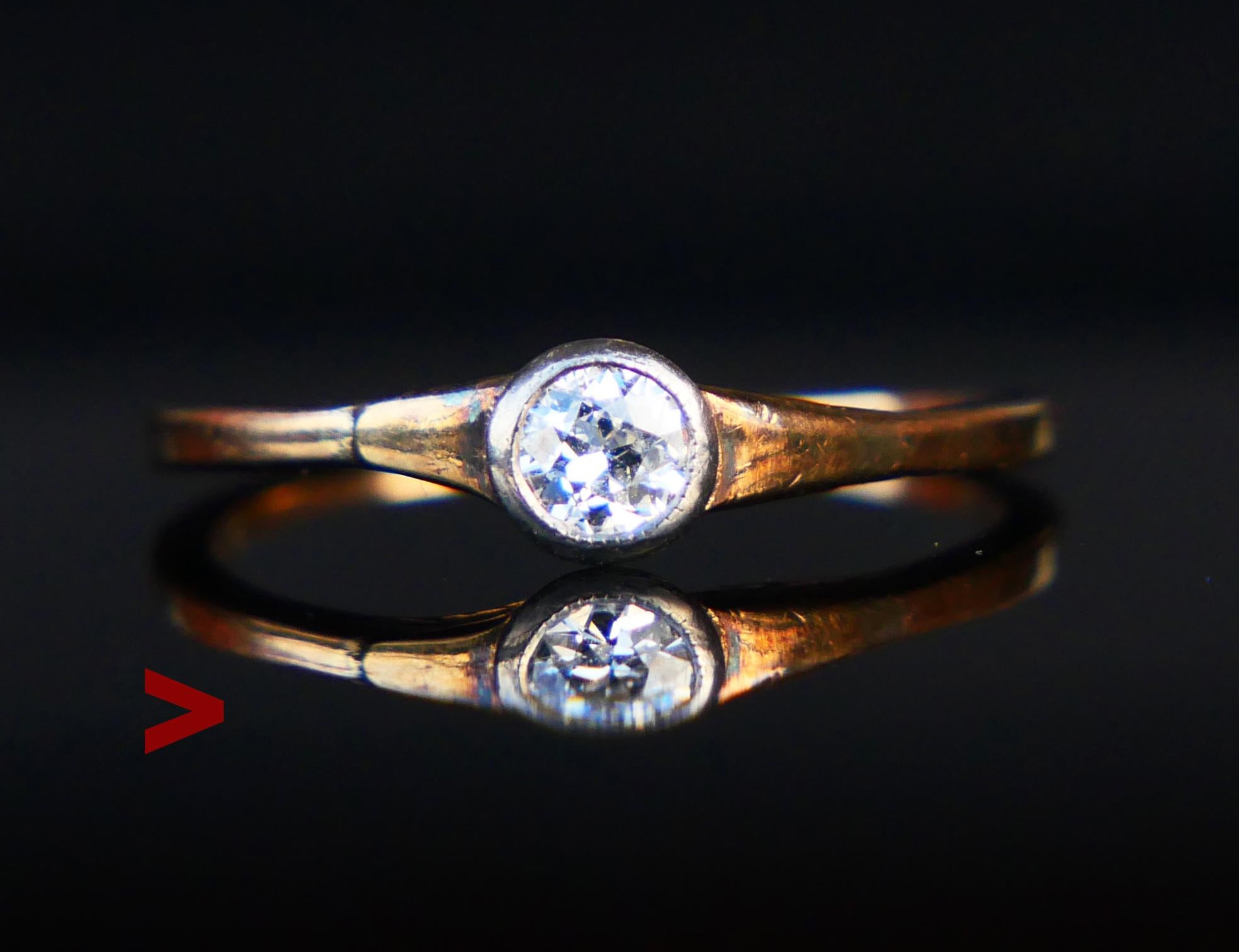 Old German Ring, the band in solid 14K Rose Gold (tested) with crown in White Gold holding bezel set natural old diamond cut Diamond Ø 4 mm x 1.6 mm deep / ca 0.3 ct, color ca. F,G /VS. The stone has open back. The crown is 3.5 mm deep.

No