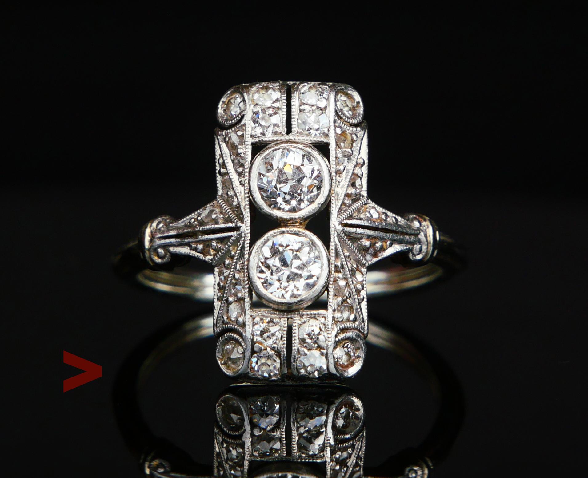  A German ring, Art- Deco period ca. 1920s - 1930s, not hallmarked. Metal of  crown tested solid 18K White Gold, band in Platinum.

Openwork crown 15mm x 7.5mm x 4mm deep decorated with total of 30 natural old European diamond cut Diamonds : two