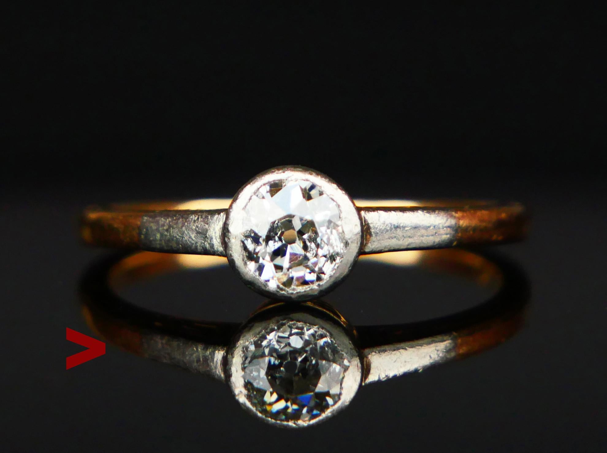 Old German Ring, the band in solid 14K Yellow Gold (tested) with shoulders and top of the crown in Silver holding bezel set natural old diamond cut Diamond Ø 5 mm x 3.5 mm deep / ca 0.65 ct, color ca. G,H / SI. The back of the stone is open. The