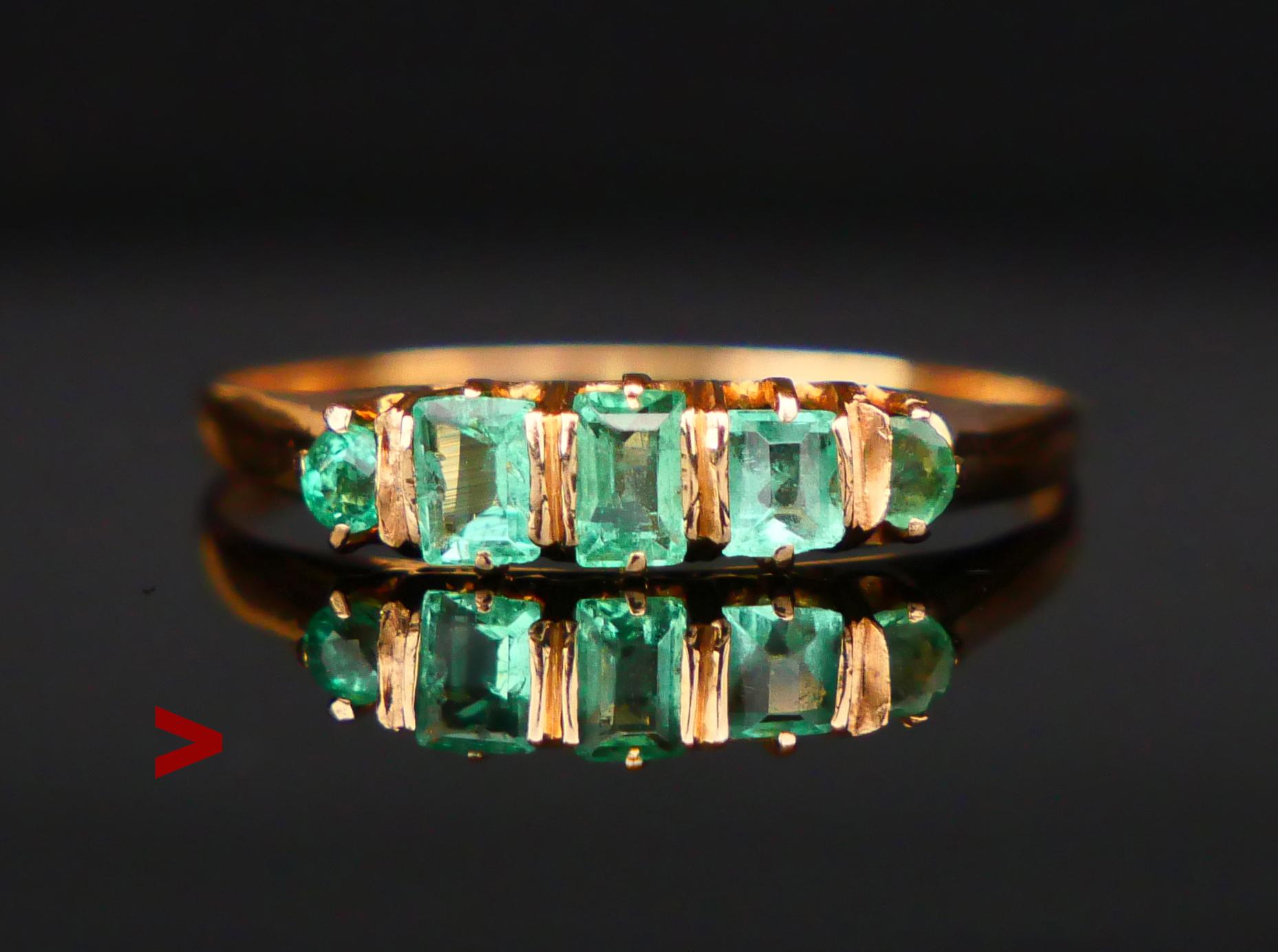 Antique Alliance Ring , 18K Yellow Gold and 5 claw and cluster set natural Emeralds, both Emerald and old Diamond cut.

German, early XX century. Hallmarked with old Swedish customs hallmark and 750.

The color of Emeralds is bright Green. Nice,