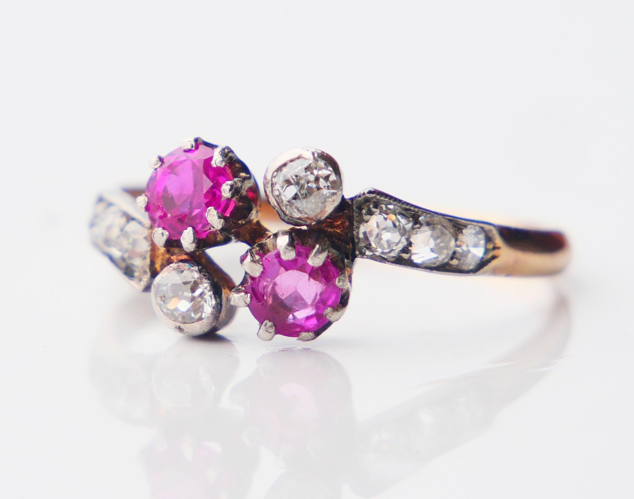 Anillo Alemán Antiguo Rubí natural 0,7ct 0,6ct Diamantes macizo Oro 18K Ø9,25 /2,5g en venta 8