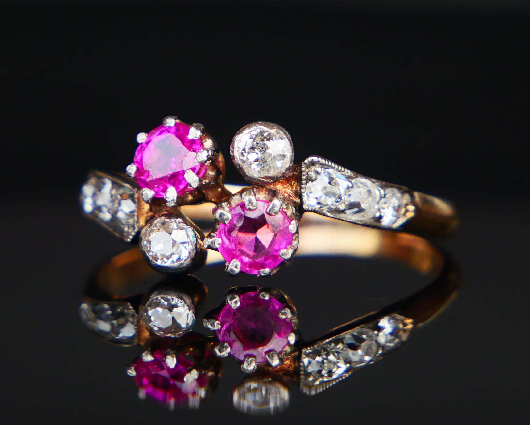 Anillo Alemán Antiguo Rubí natural 0,7ct 0,6ct Diamantes macizo Oro 18K Ø9,25 /2,5g Art Nouveau en venta