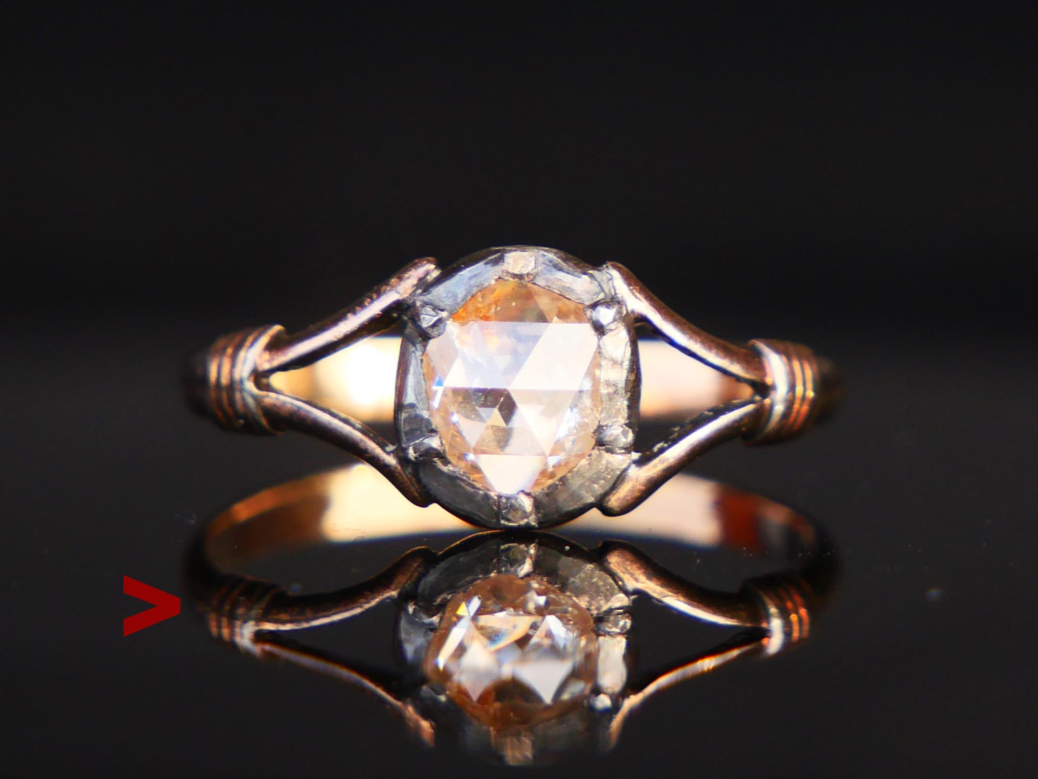 Old German Ring, the band in solid 18K Rose Gold (tested) with crown's top cluster in Silver holding bezel set natural oval rose cut Diamond 6.5 x 5 mm / ca 0.8 ct, color ca. light Brown. This stone has an internal flaw that is reaching the surface.