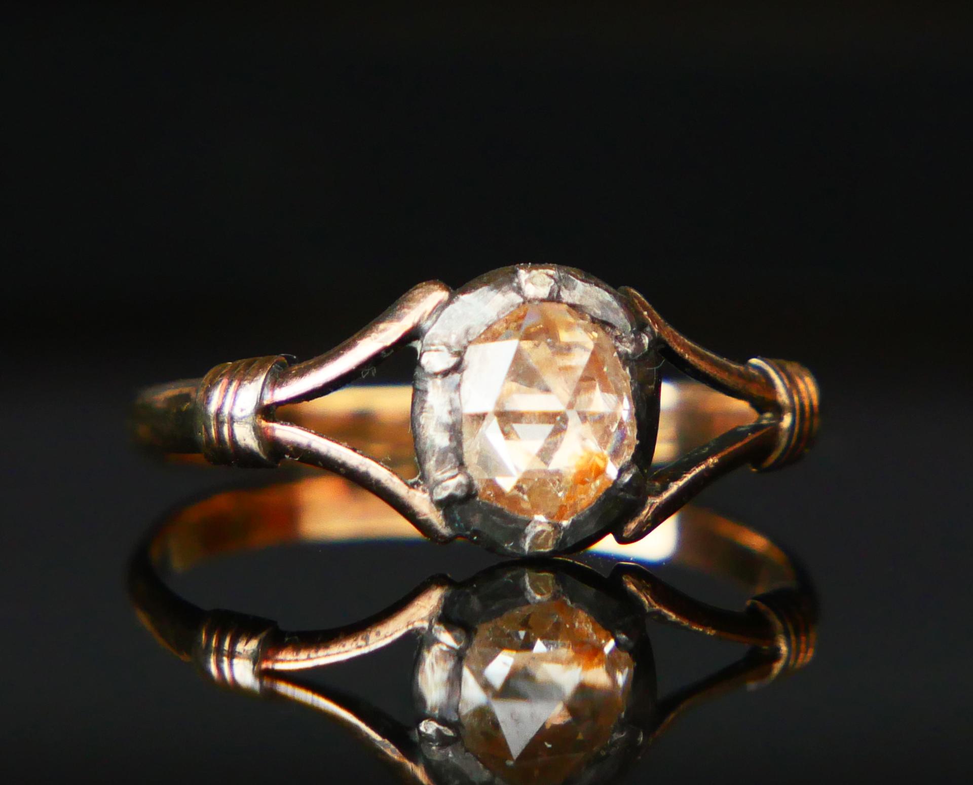 Rose Cut Antique German Ring natural 0.8ct Diamond solid 18K Gold Silver ØUS6.25/1.3gr