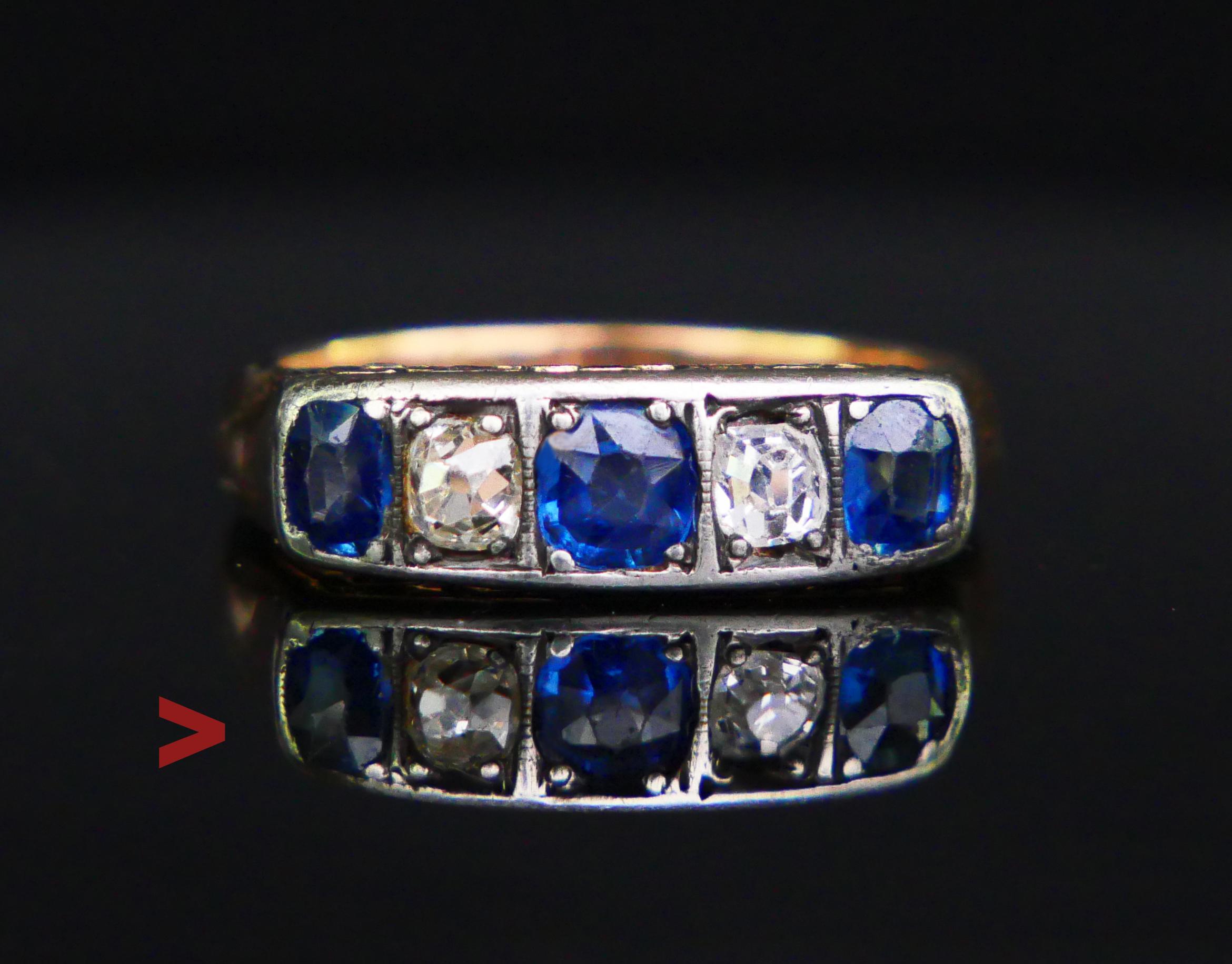Antique German Alliance ca.1900s - 1930s Ring in solid 14K Orange toned Gold with clusters in 14K White Gold or Silver. Hallmarked 585, metal tested solid 14K Gold

Three natural Sapphires of Medium Blue with a light tint of Green color, all three