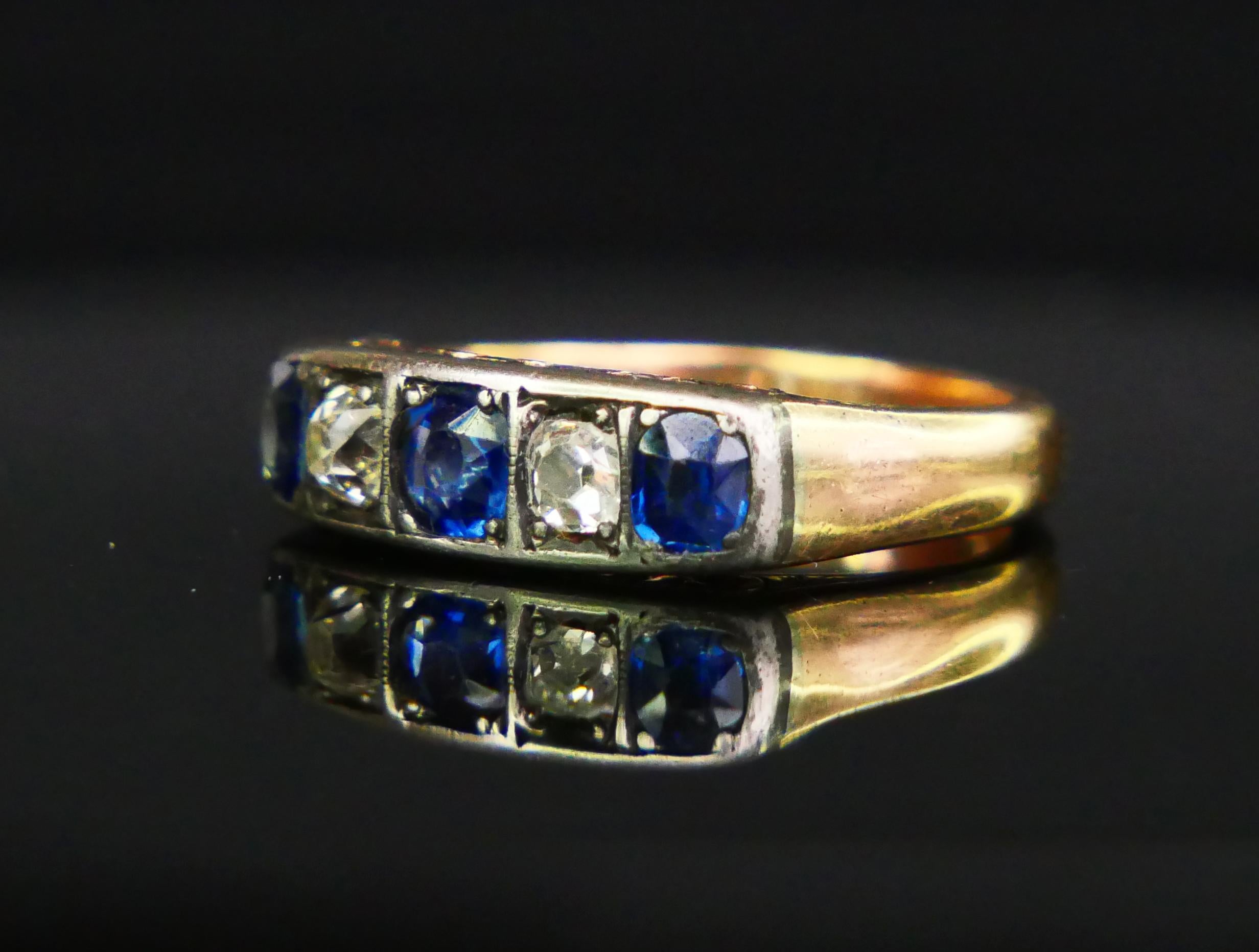 Cushion Cut Antique German Ring natural 1 ctw. Sapphire 0.5ctw. Diamond 14K ØUS6.75 /6.6gr For Sale