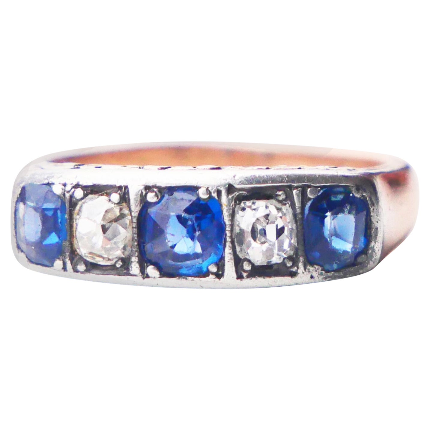 Anello antico tedesco naturale da 1 ctw. Zaffiro 0,5ctw. Diamante 14K ØUS6.75 /6.6gr