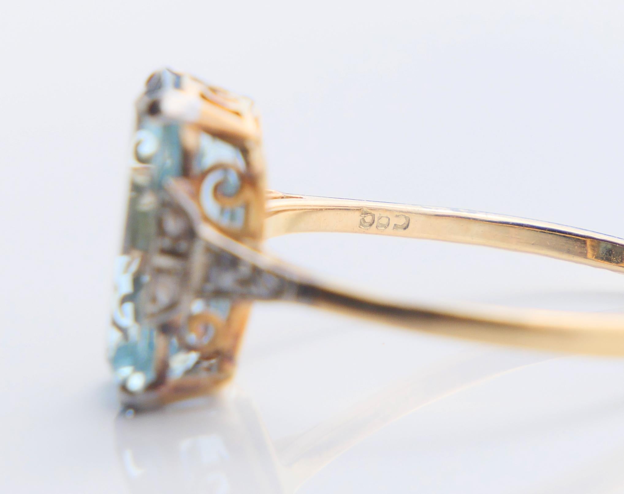Bague Allemande Antique aigue-marine naturelle 4.5ct Diamants or massif 14K ØUS7.5/2.6g en vente 8