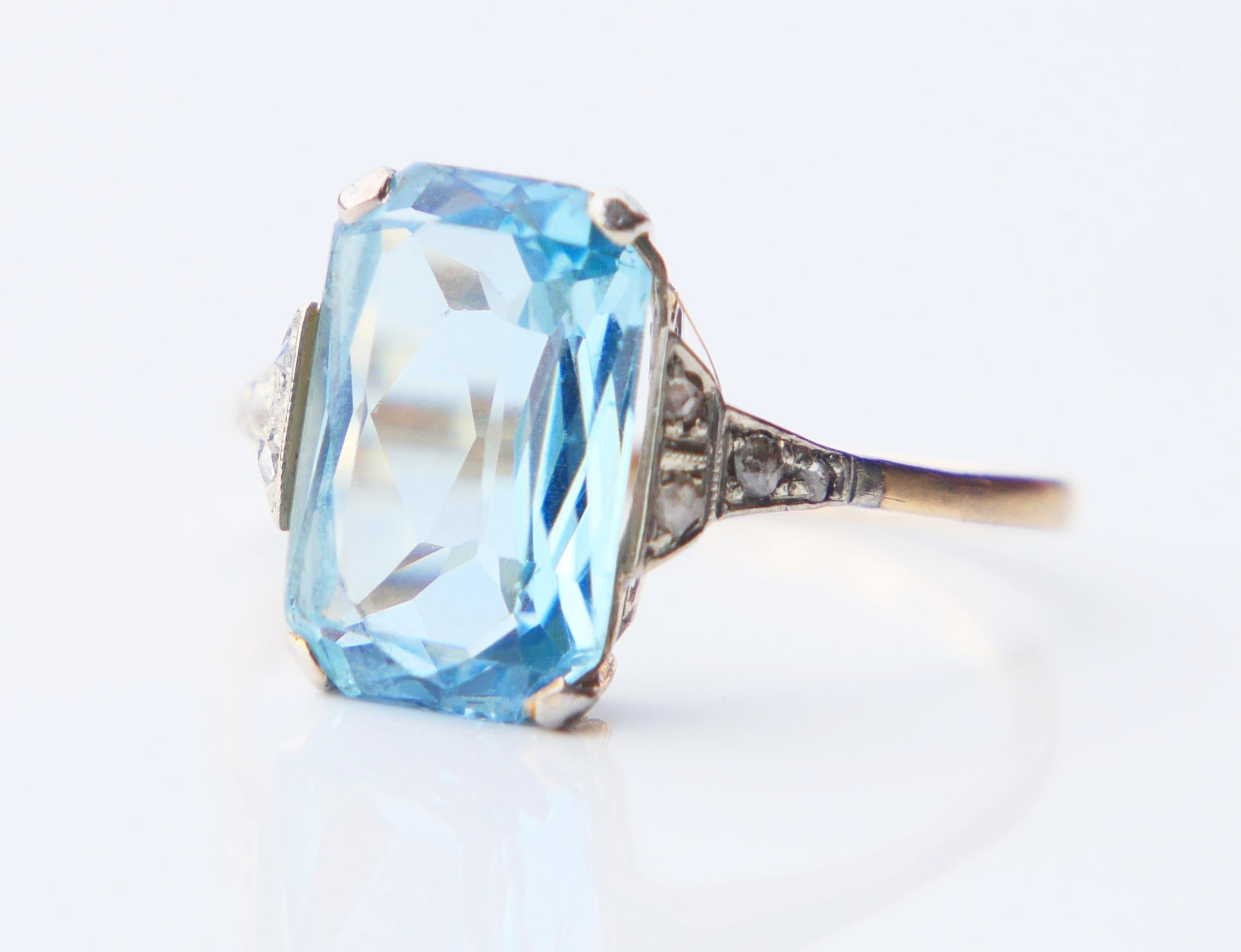 Art déco Bague Allemande Antique aigue-marine naturelle 4.5ct Diamants or massif 14K ØUS7.5/2.6g en vente
