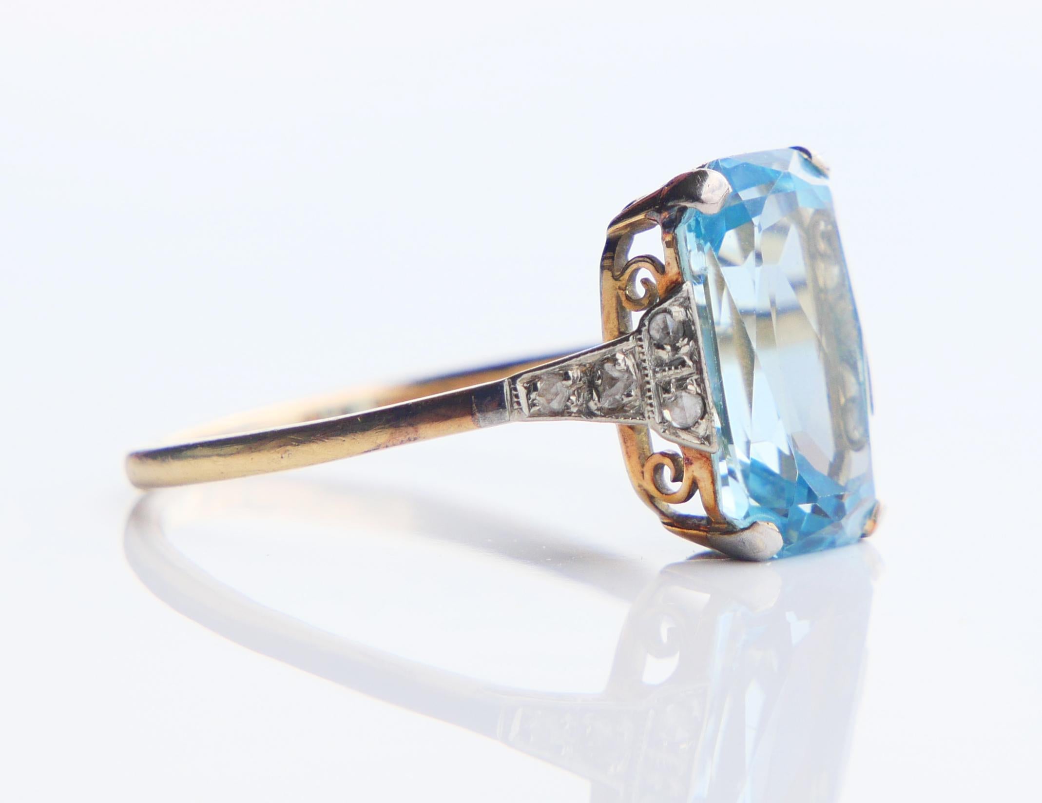 Bague Allemande Antique aigue-marine naturelle 4.5ct Diamants or massif 14K ØUS7.5/2.6g Pour femmes en vente