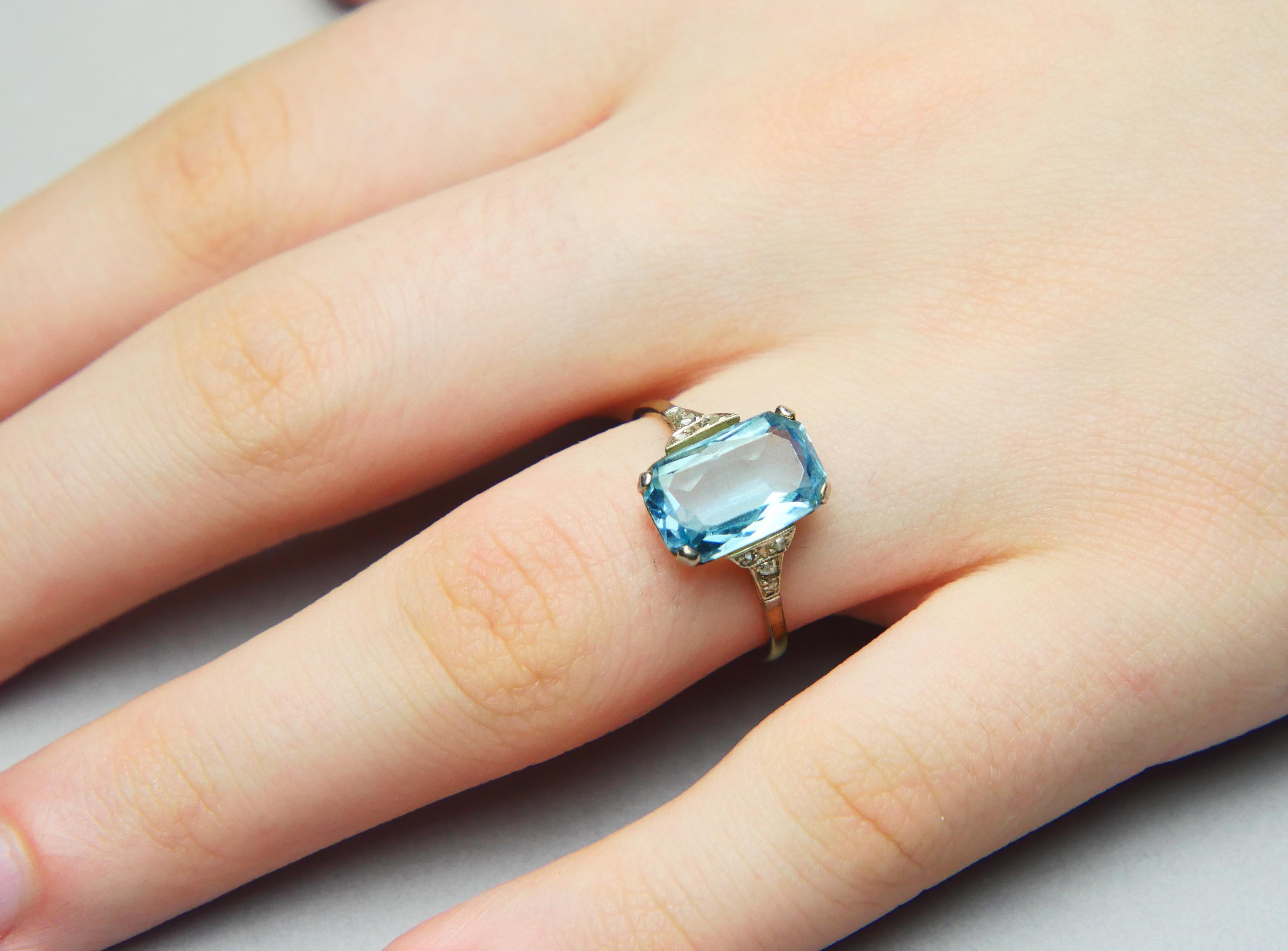 Bague Allemande Antique aigue-marine naturelle 4.5ct Diamants or massif 14K ØUS7.5/2.6g en vente 1