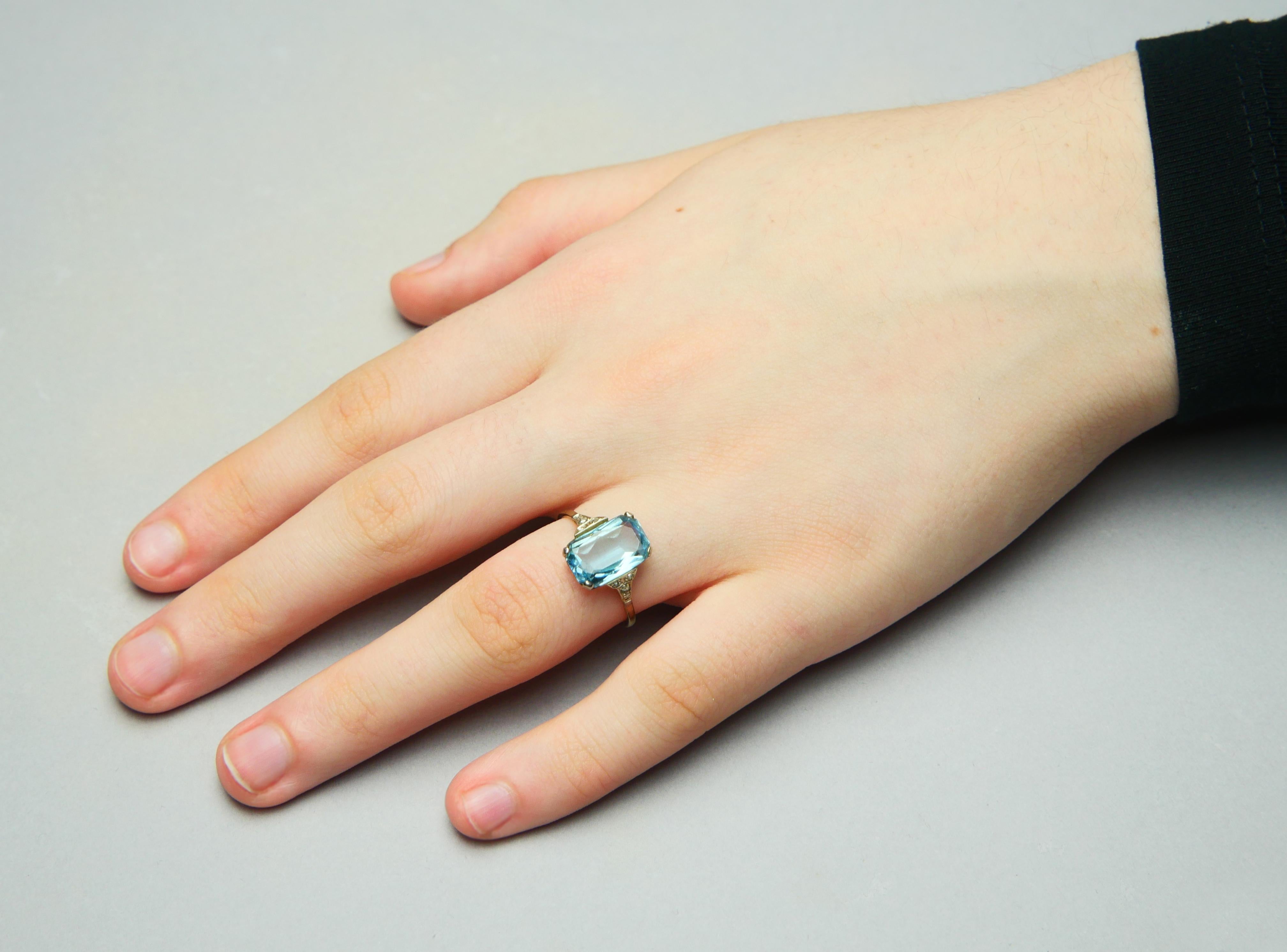 Bague Allemande Antique aigue-marine naturelle 4.5ct Diamants or massif 14K ØUS7.5/2.6g en vente 2