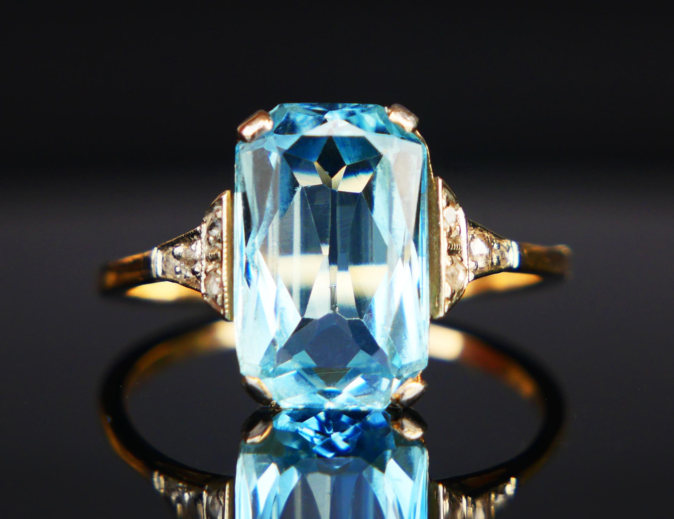 Bague Allemande Antique aigue-marine naturelle 4.5ct Diamants or massif 14K ØUS7.5/2.6g en vente 3