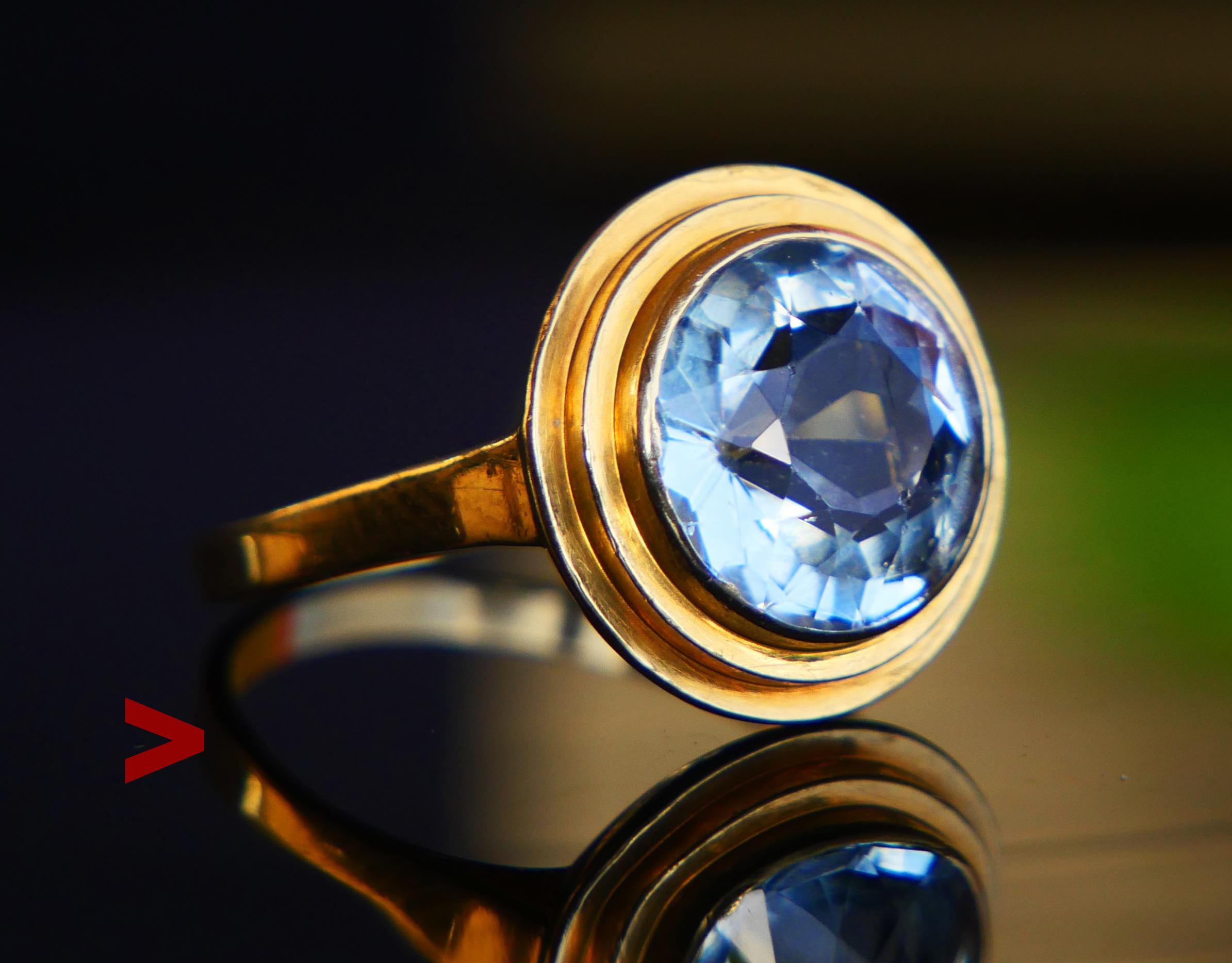 Old German from ca. 1930s ring band and crown in solid 18K Gold featuring natural transparent Aquamarine stone Ø 10 mm x 6.75 mm deep / ca. 3.25 ct ct of light Blue with tint of Green color with Fancy cut : beautiful table and multiple facets on the
