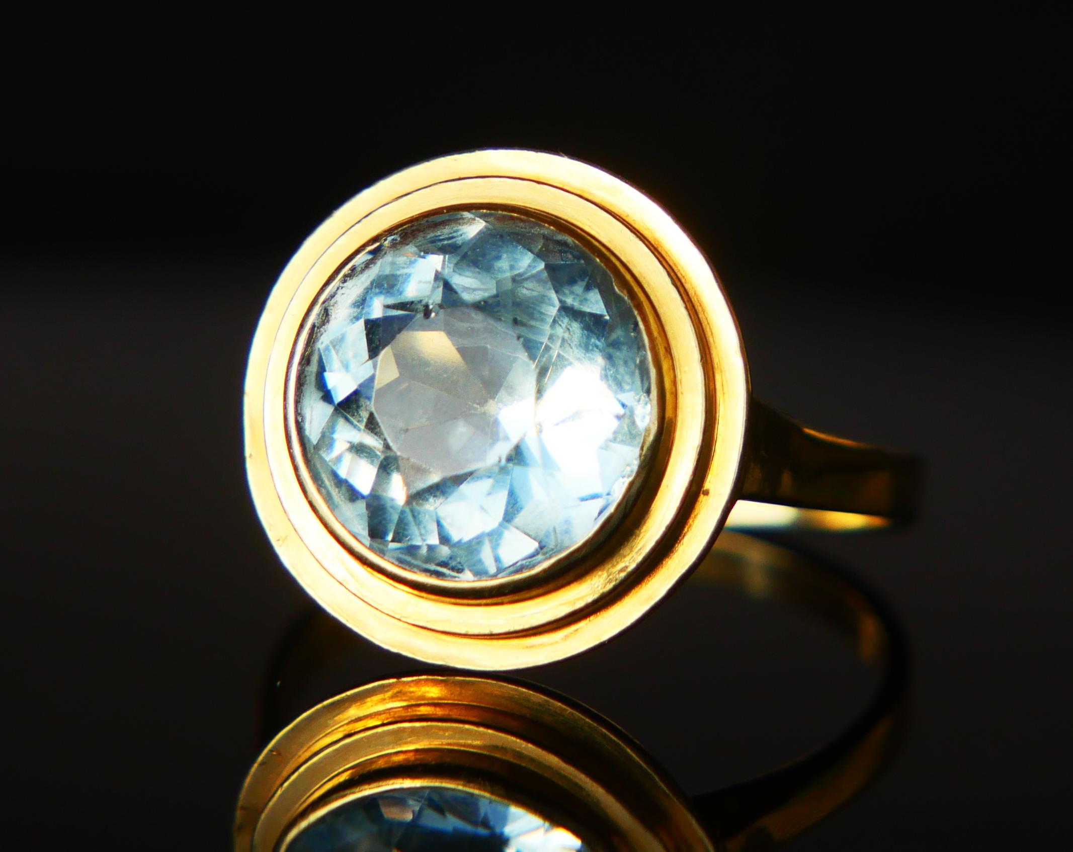 Round Cut Antique German Ring natural Aquamarine solid 18K Gold ØUS7.25 / 4.2gr