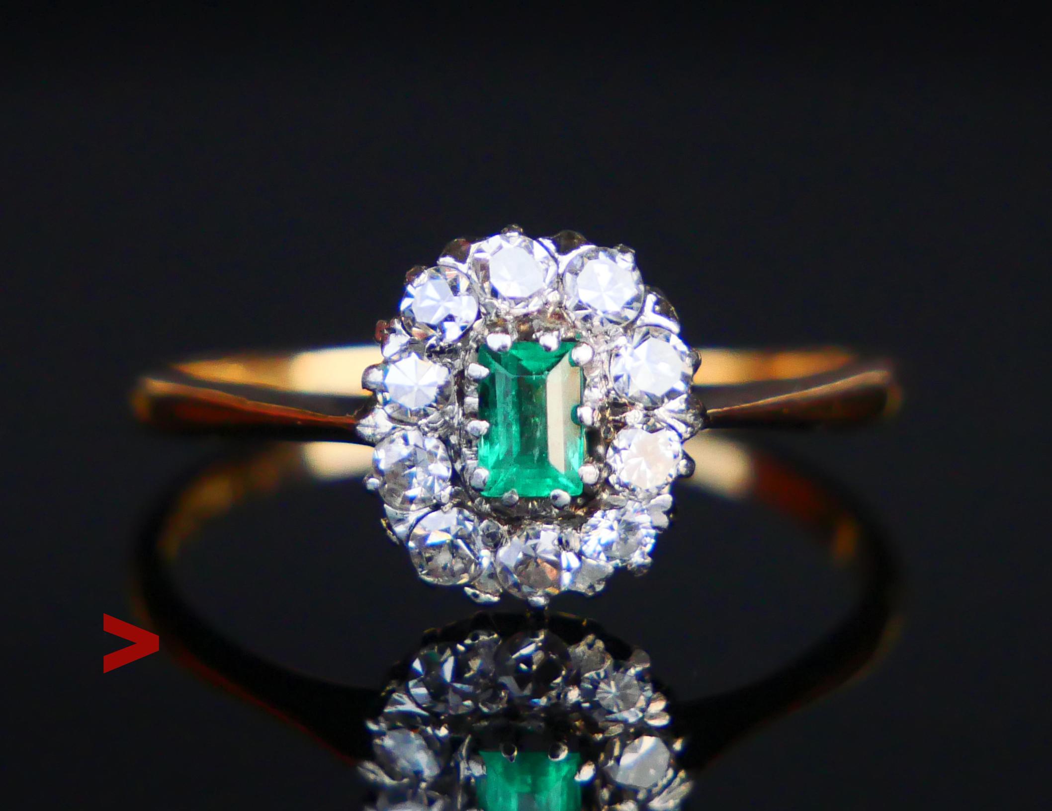 German Halo Ring from ca. 1900s- 1920s , crown with White Gold or Platinum top claws holds a natural princess cut Emerald 3.75mm x 2.5mm x 2mm mm ca. 0.3 ct with natural internal flaws and inclusions. Ten old diamond cut Diamonds, eight of which Ø2