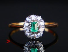 Antique German Ring natural Emerald Diamonds solid 18K Gold Ø US7.5/ 2 gr