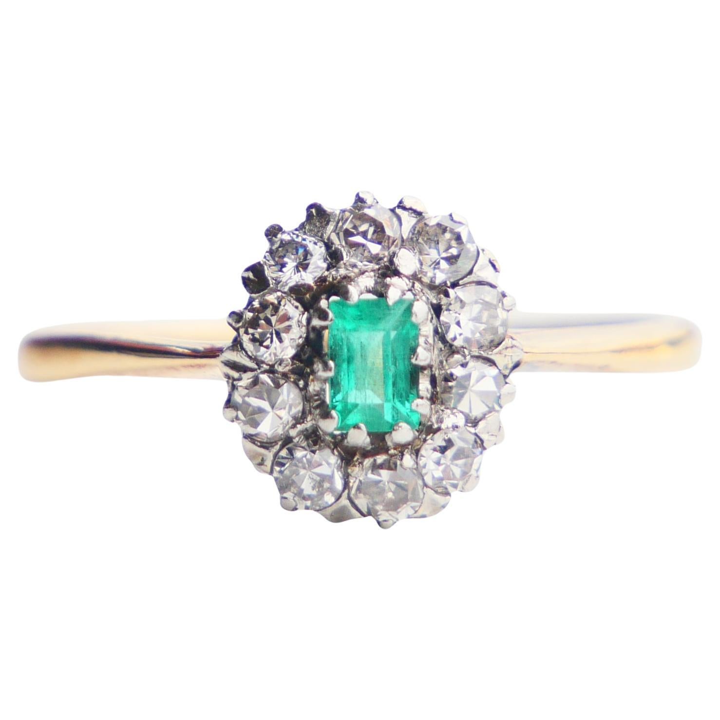 Anello antico tedesco con smeraldo naturale e diamanti in oro massiccio 18 carati Ø US7.5/ 2 grammi