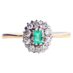 Antique German Ring natural Emerald Diamonds solid 18K Gold Ø US7.5/ 2 gr
