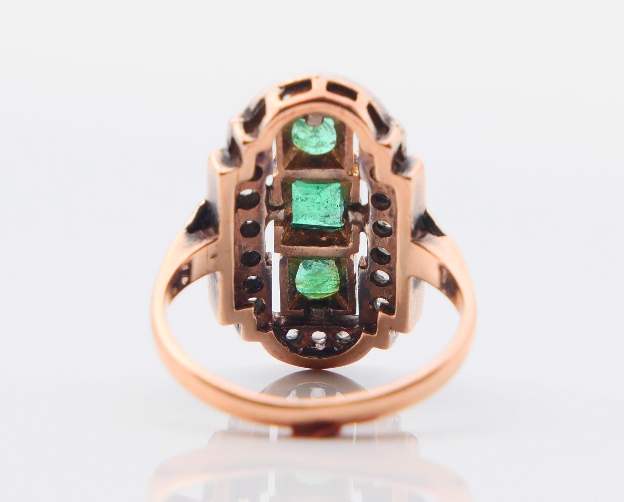 Antique German Ring natural Emeralds Diamonds 14K Rose Gold Ø US 5.5/4.6g For Sale 5
