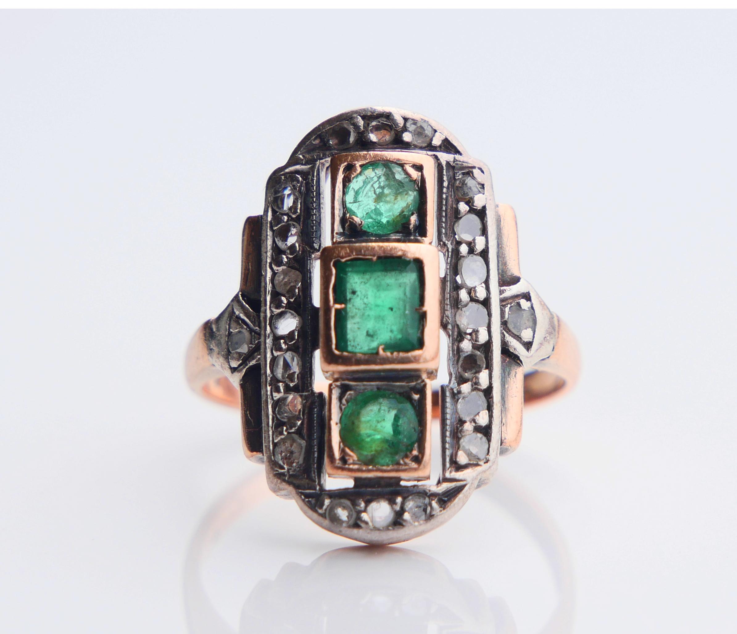 Antique German Ring natural Emeralds Diamonds 14K Rose Gold Ø US 5.5/4.6g For Sale 6