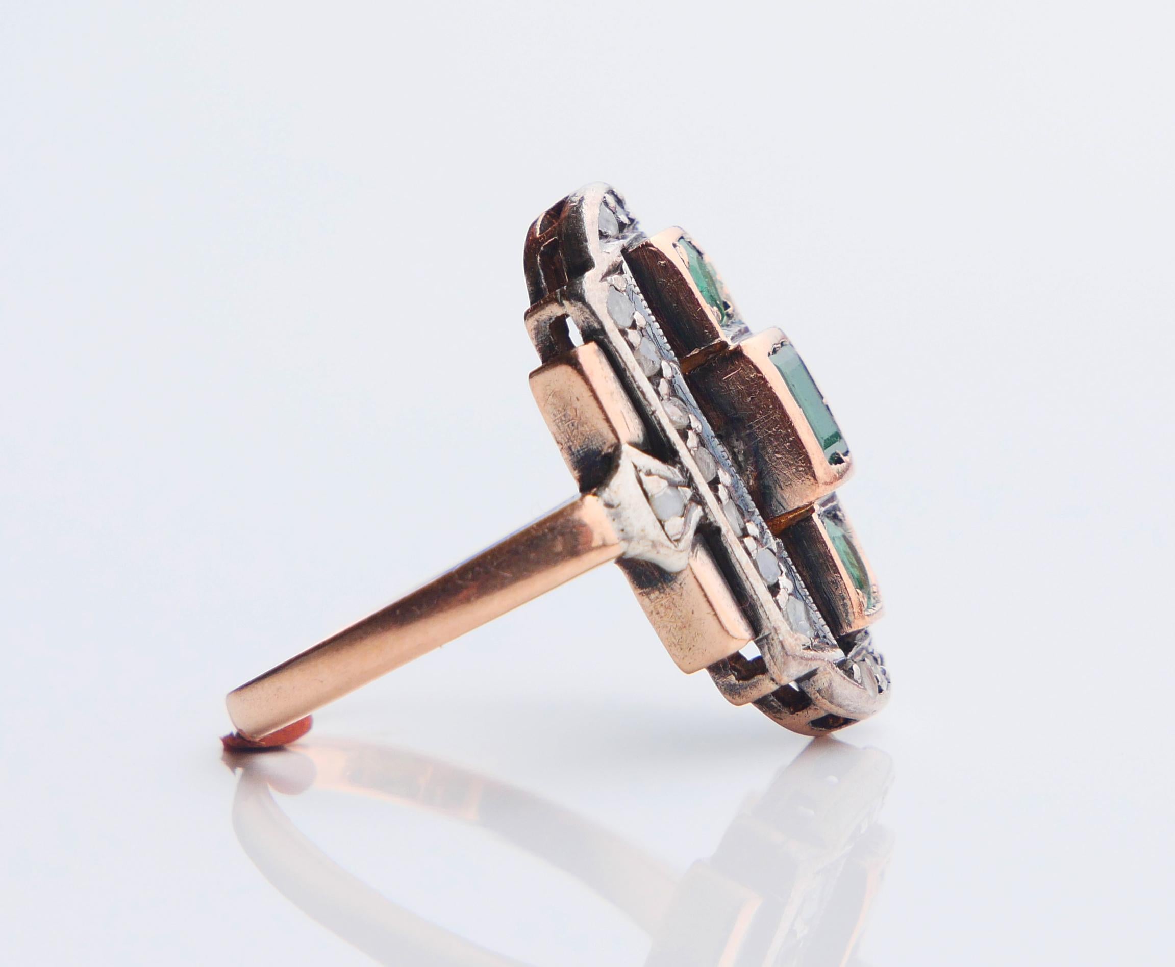 Antique German Ring natural Emeralds Diamonds 14K Rose Gold Ø US 5.5/4.6g For Sale 7
